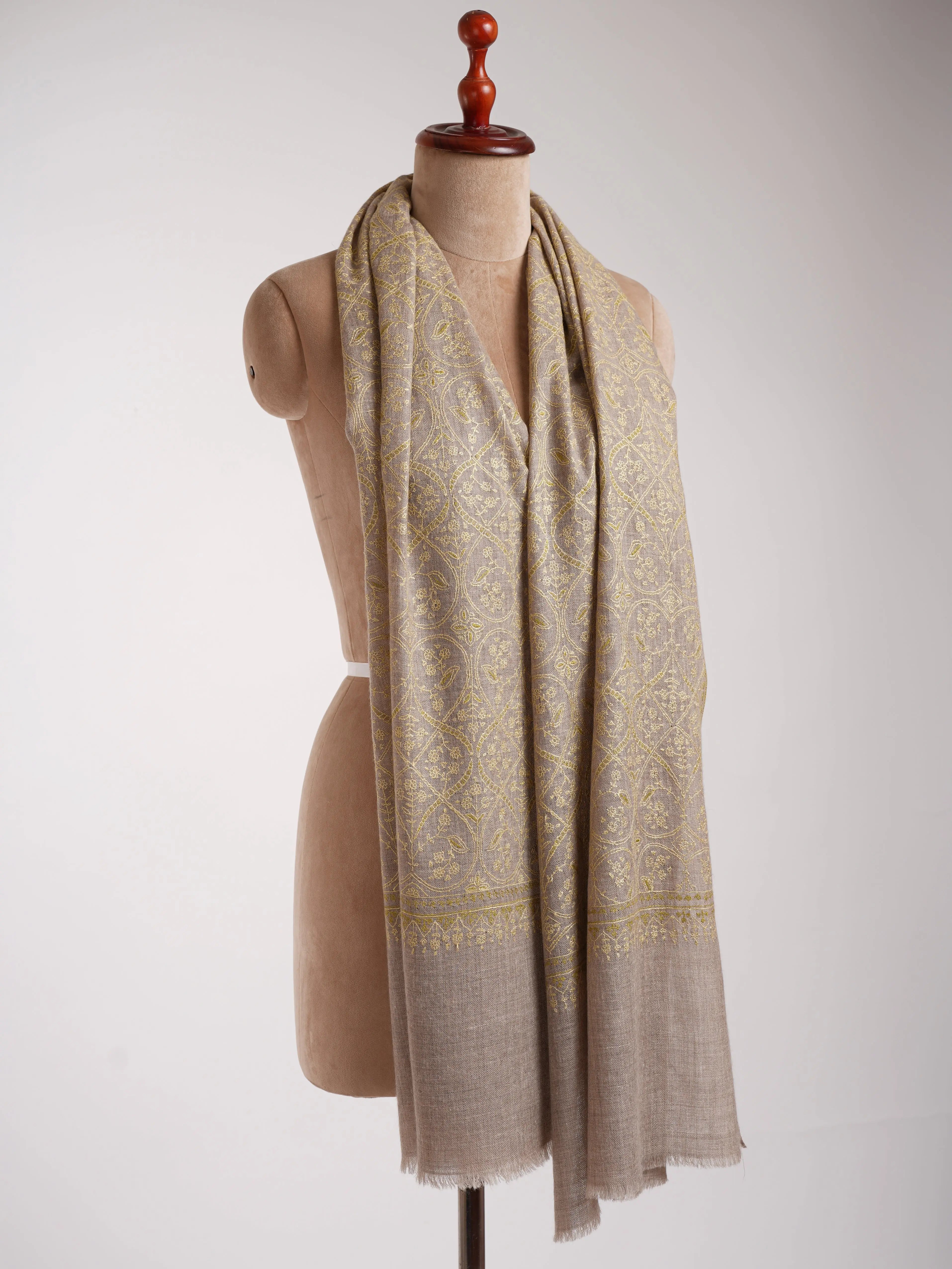 Natural Grey Indian Cashmere Stole with Olive Sozni Embroidery. Shahkaar