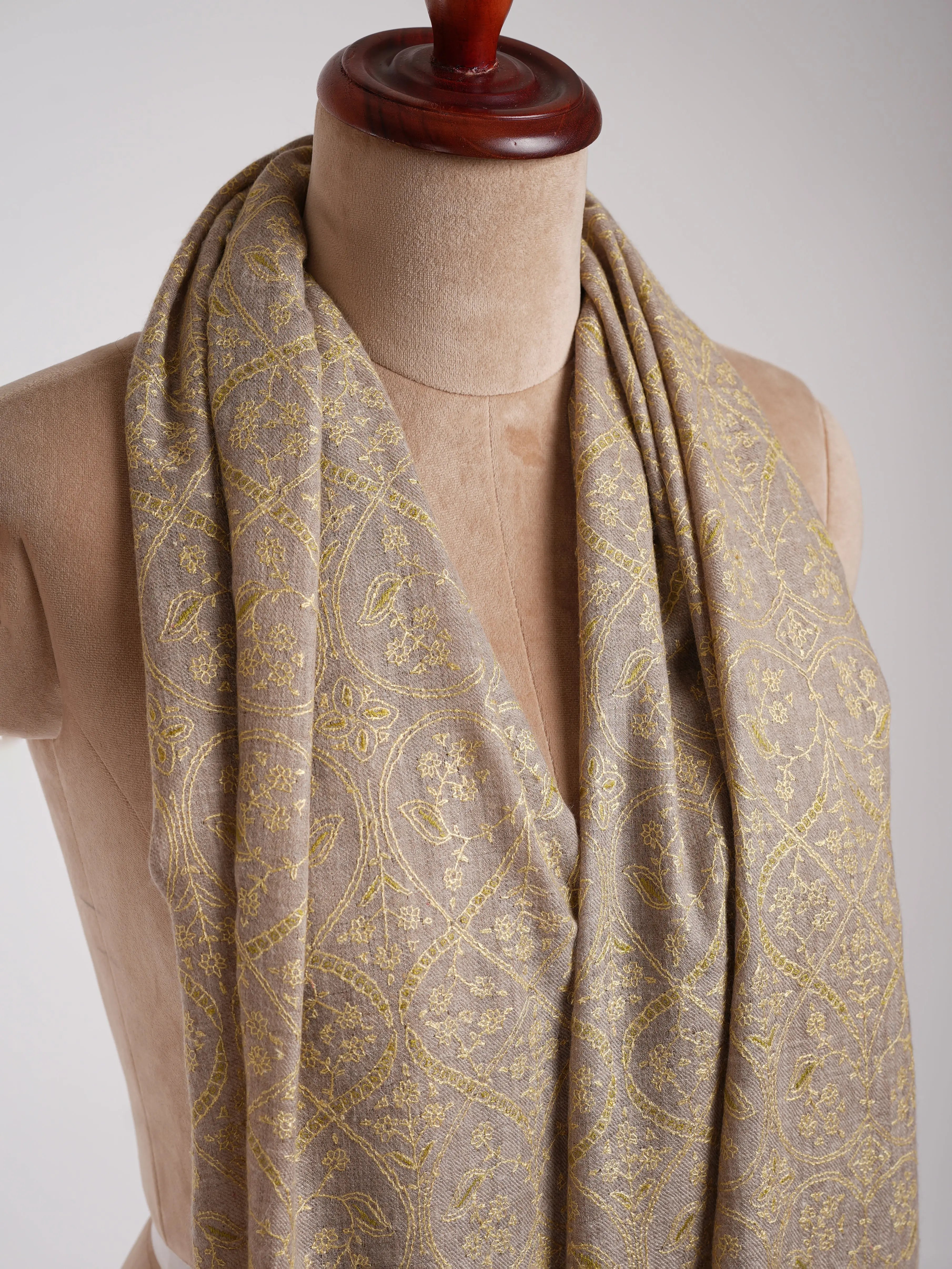 Natural Grey Indian Cashmere Stole with Olive Sozni Embroidery. Shahkaar