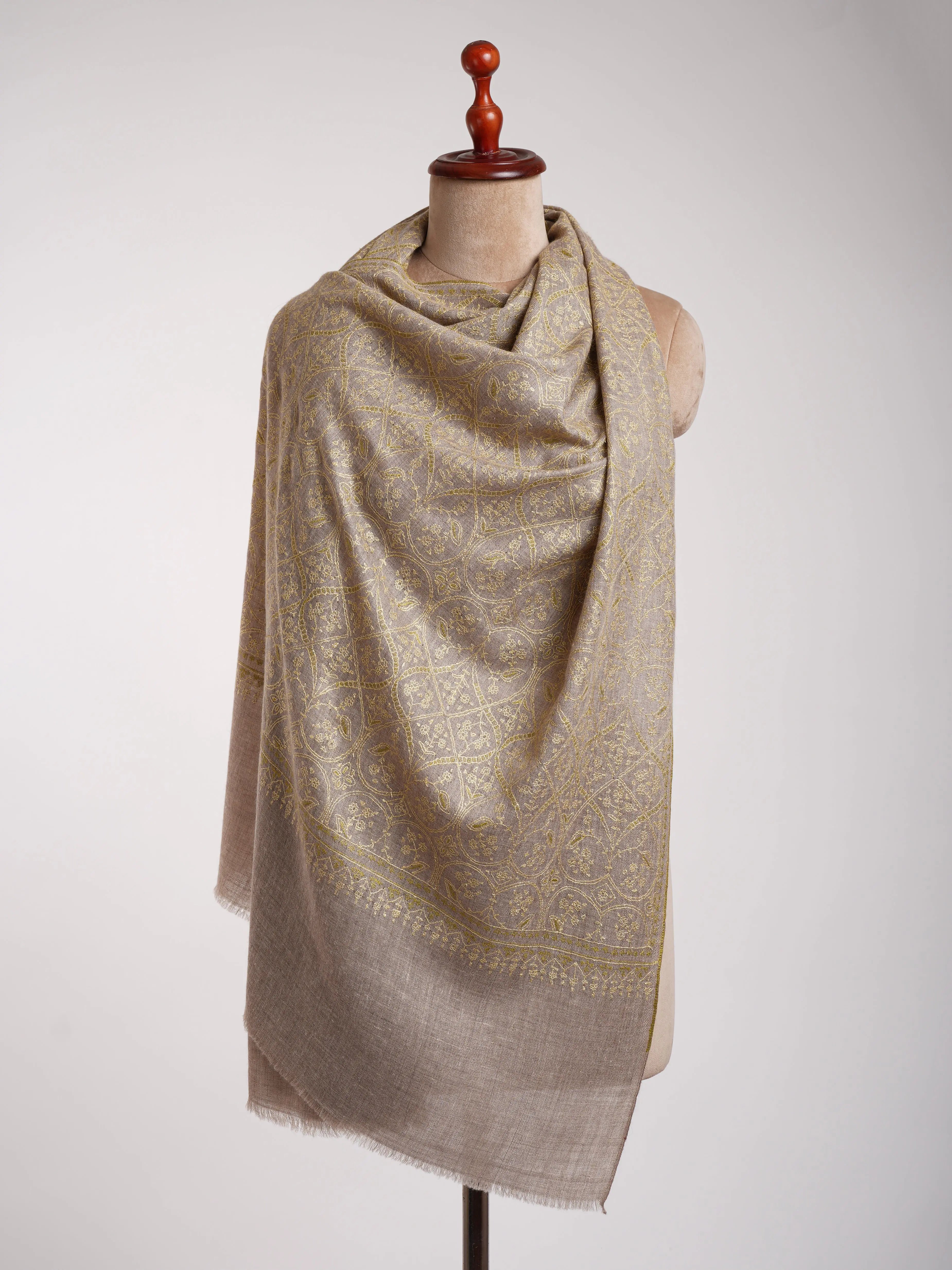 Natural Grey Indian Cashmere Stole with Olive Sozni Embroidery. Shahkaar