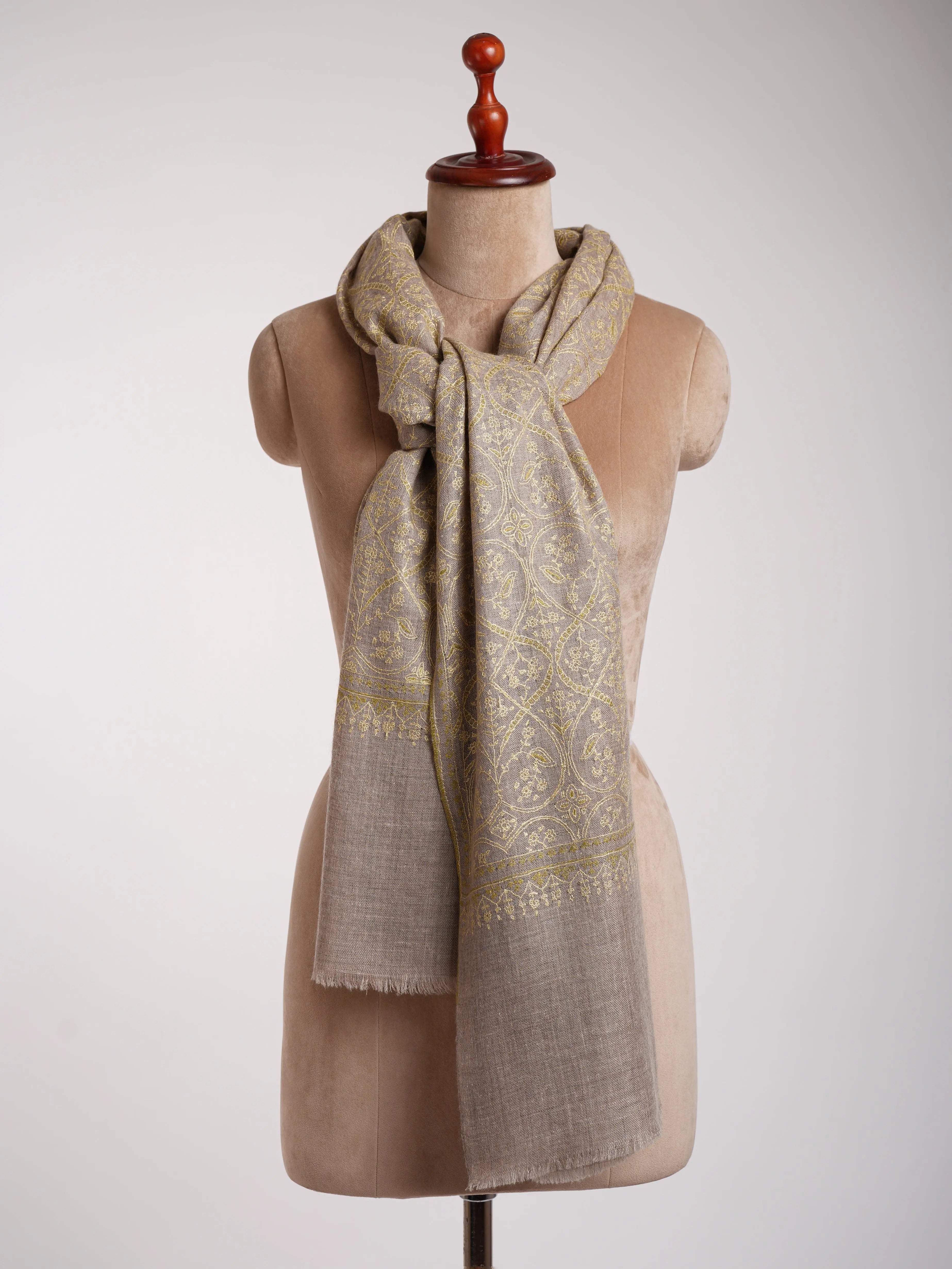 Natural Grey Indian Cashmere Stole with Olive Sozni Embroidery. Shahkaar