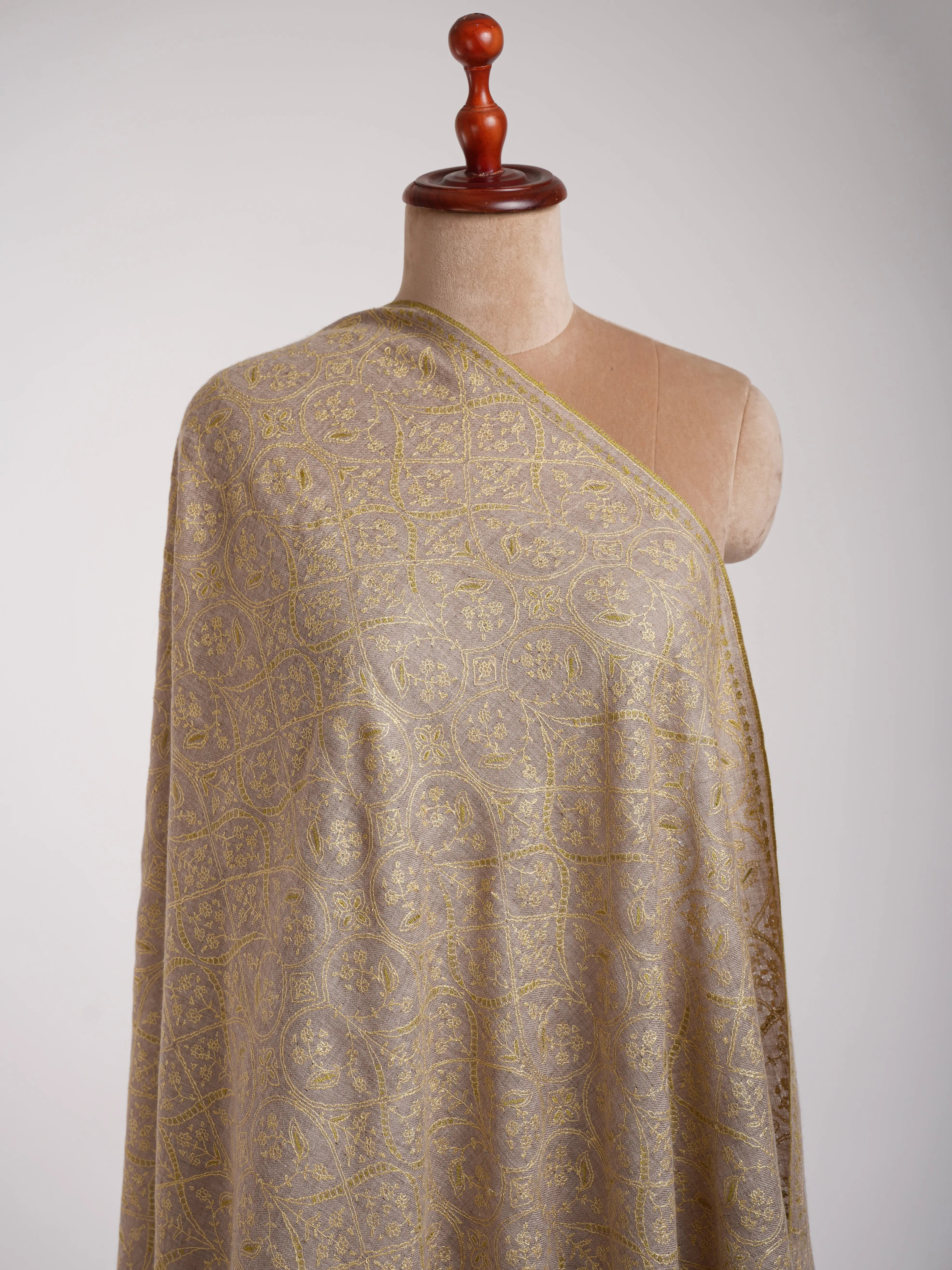 Natural Grey Indian Cashmere Stole with Olive Sozni Embroidery. Shahkaar