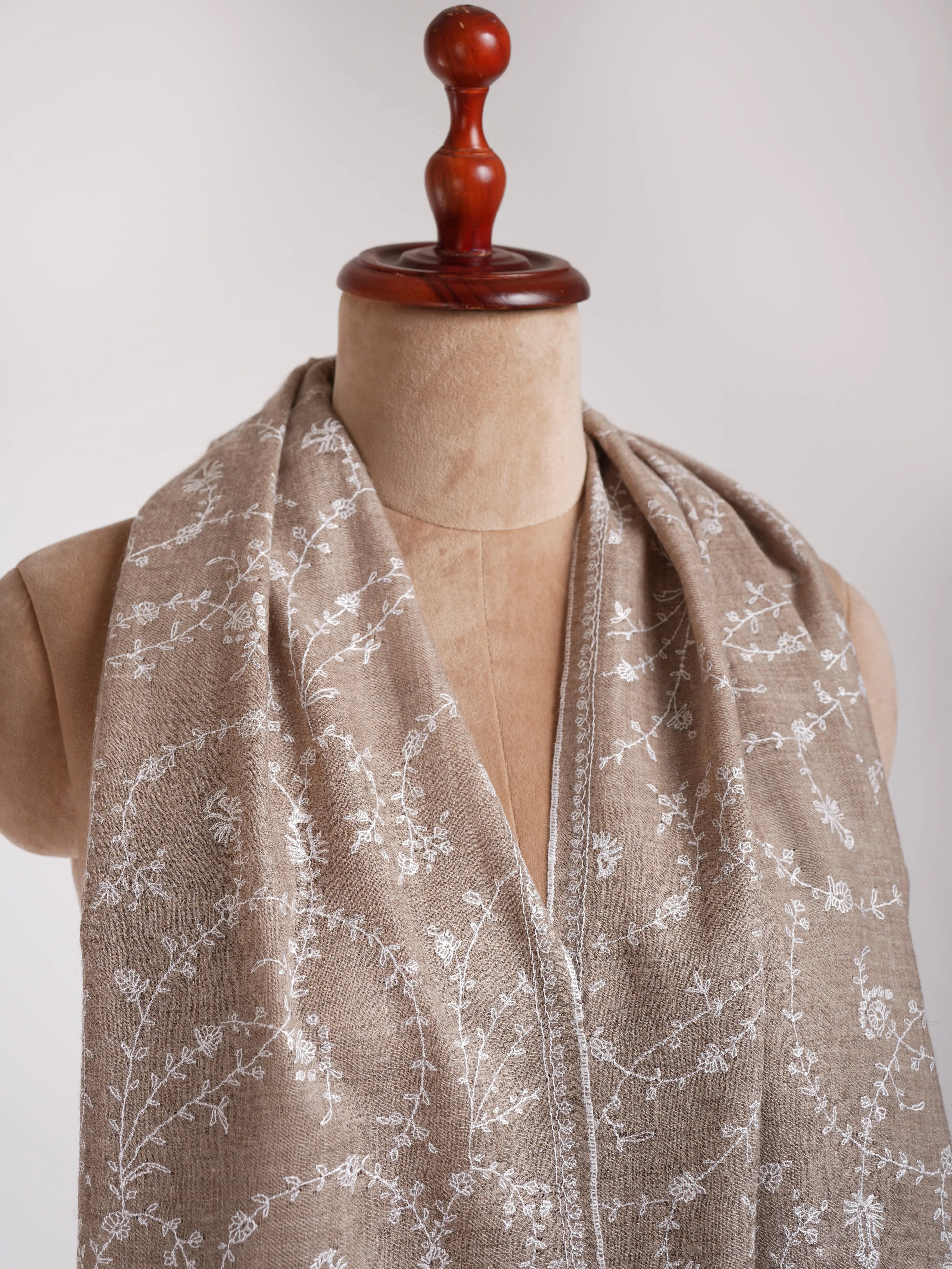 Natural Grey Indian Cashmere with White Sozni Embroidery Shahkaar