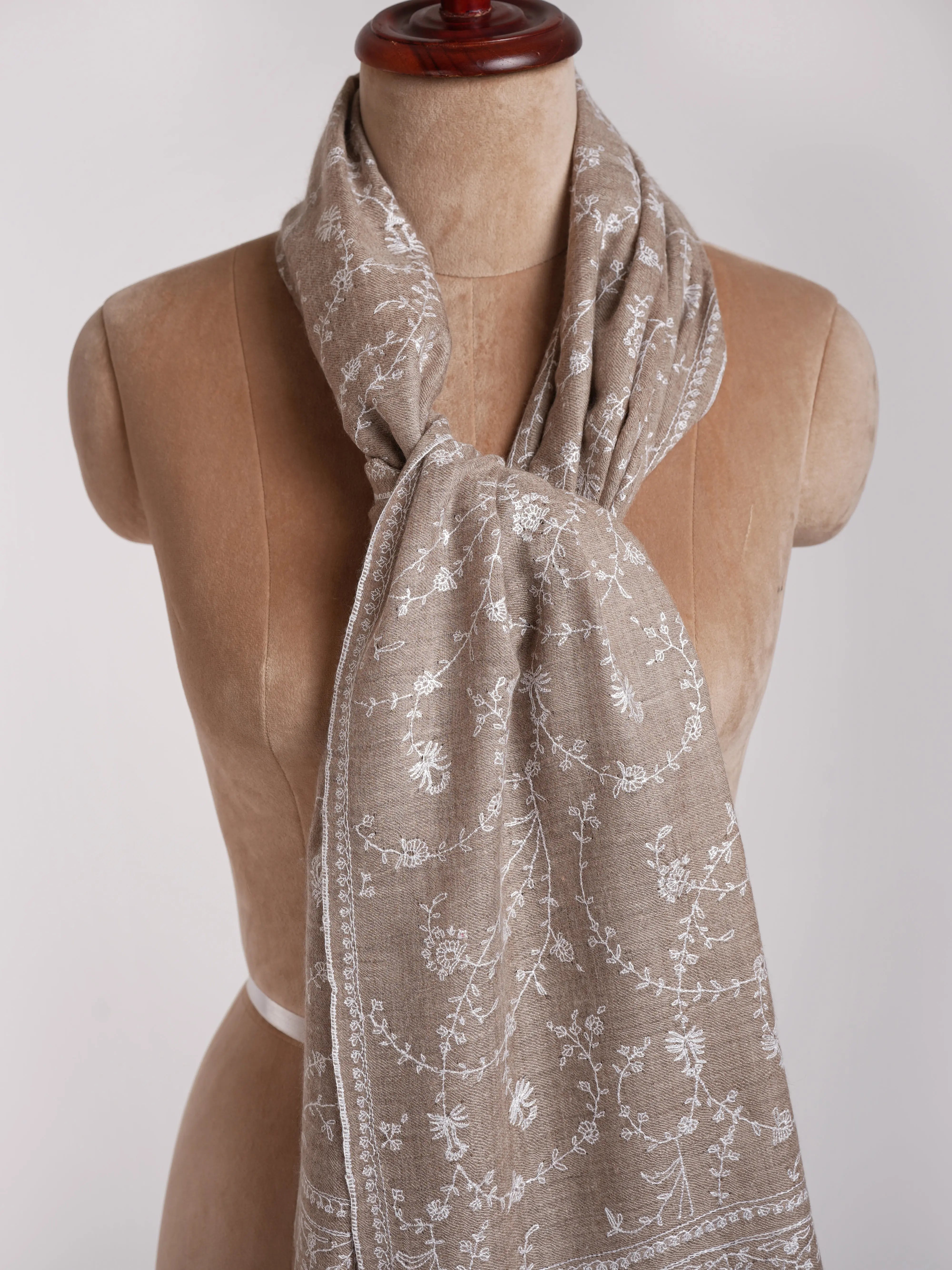 Natural Grey Indian Cashmere with White Sozni Embroidery Shahkaar