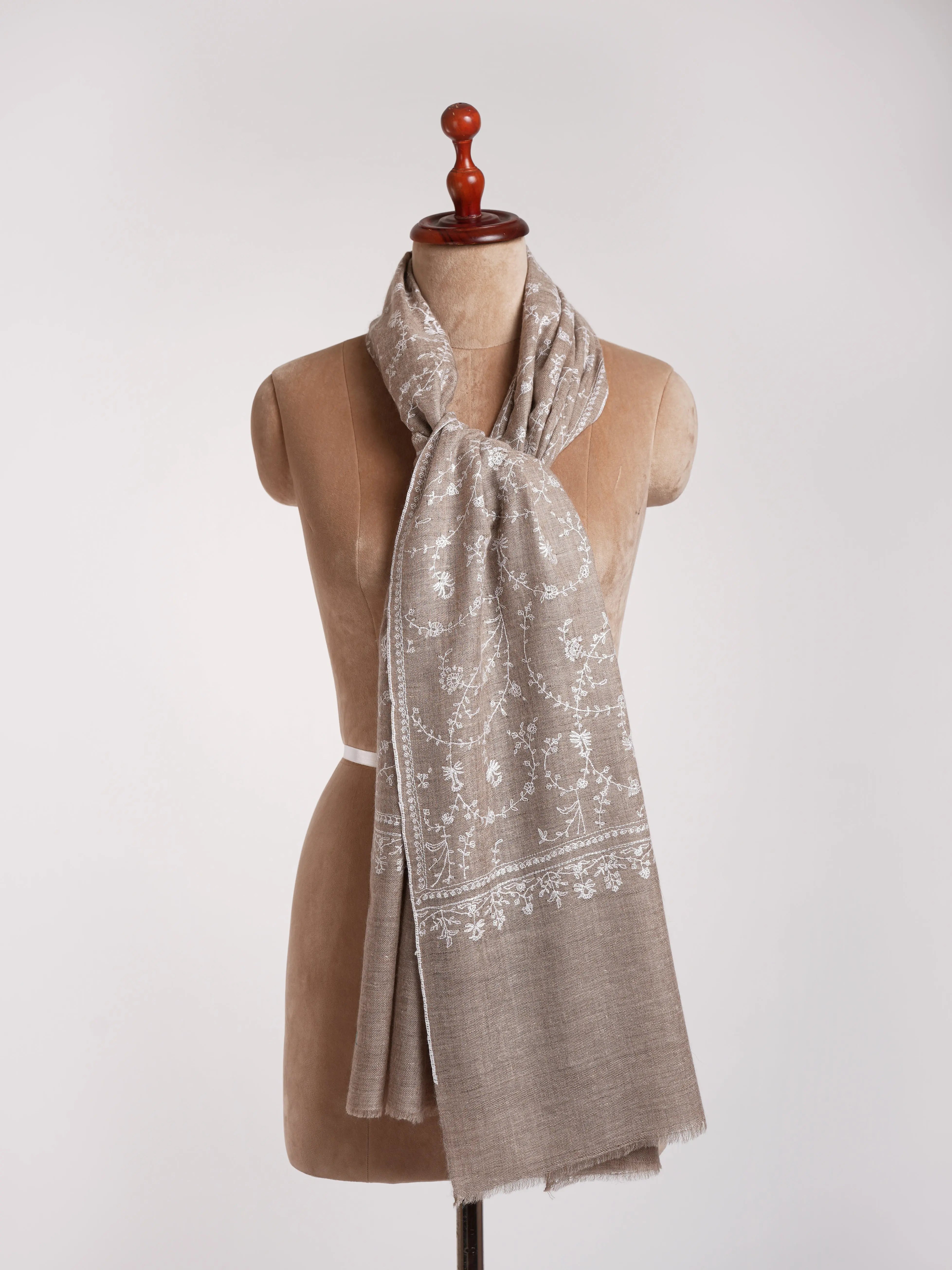Natural Grey Indian Cashmere with White Sozni Embroidery Shahkaar