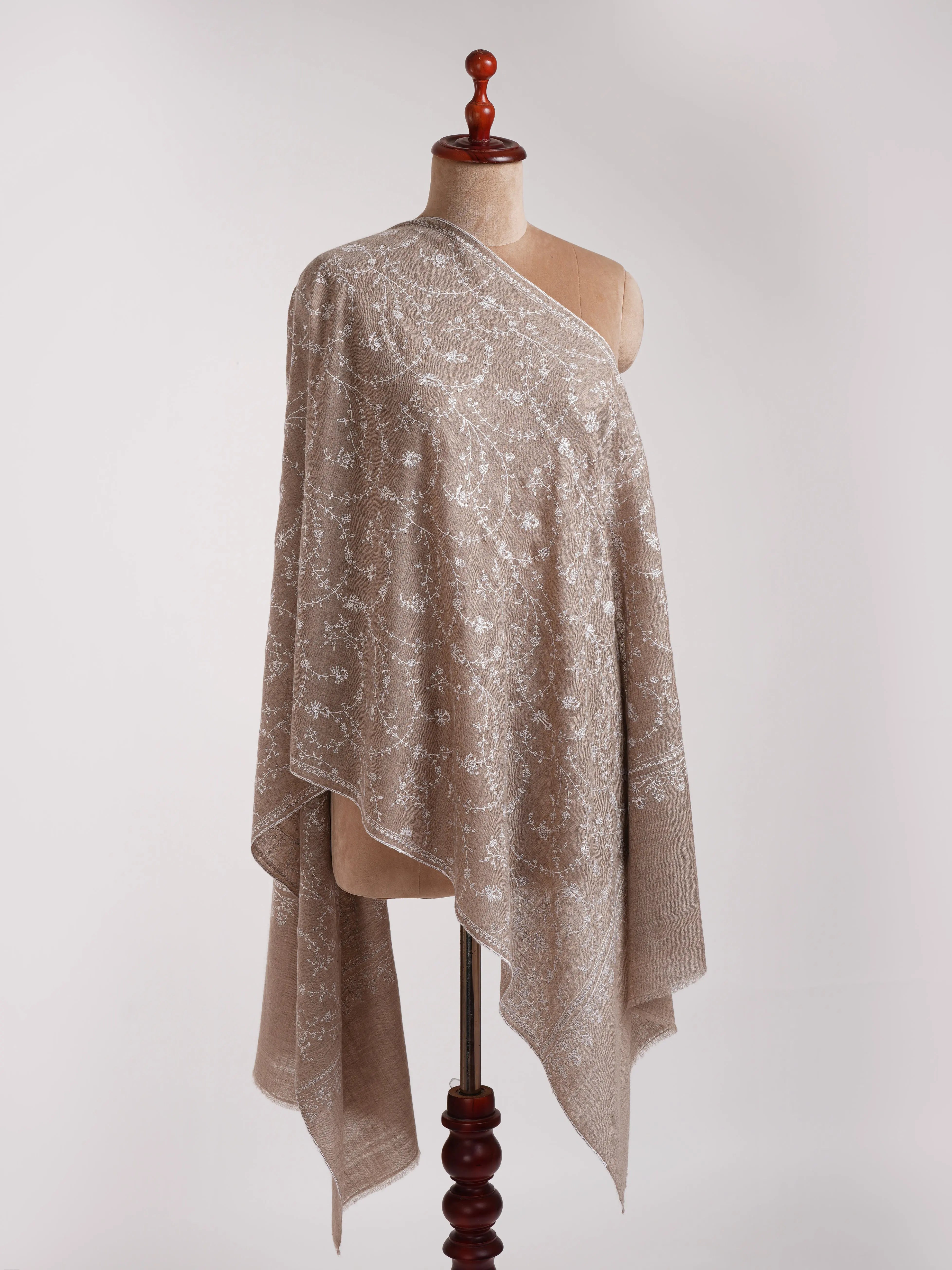 Natural Grey Indian Cashmere with White Sozni Embroidery Shahkaar