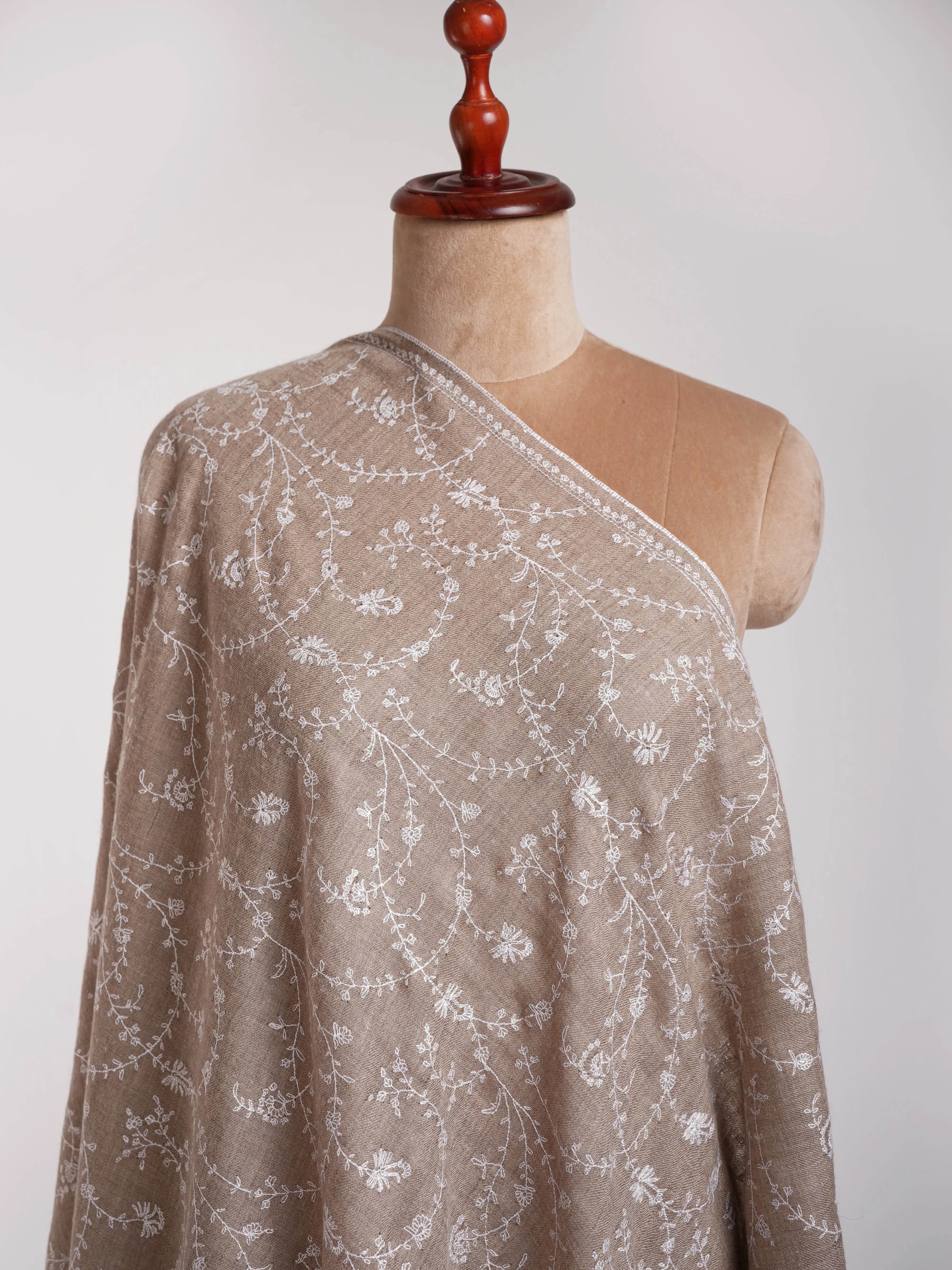 Natural Grey Indian Cashmere with White Sozni Embroidery Shahkaar