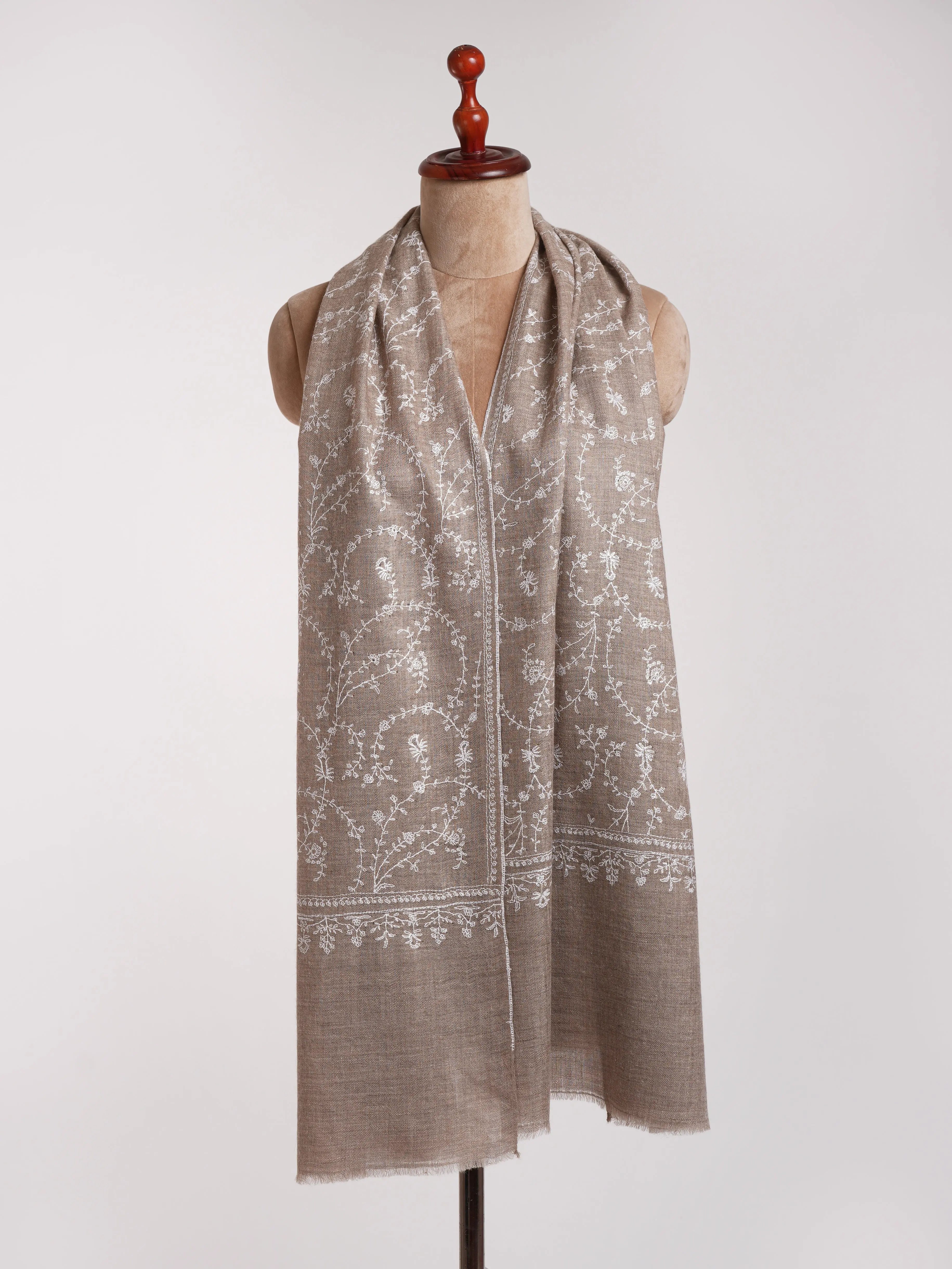 Natural Grey Indian Cashmere with White Sozni Embroidery Shahkaar