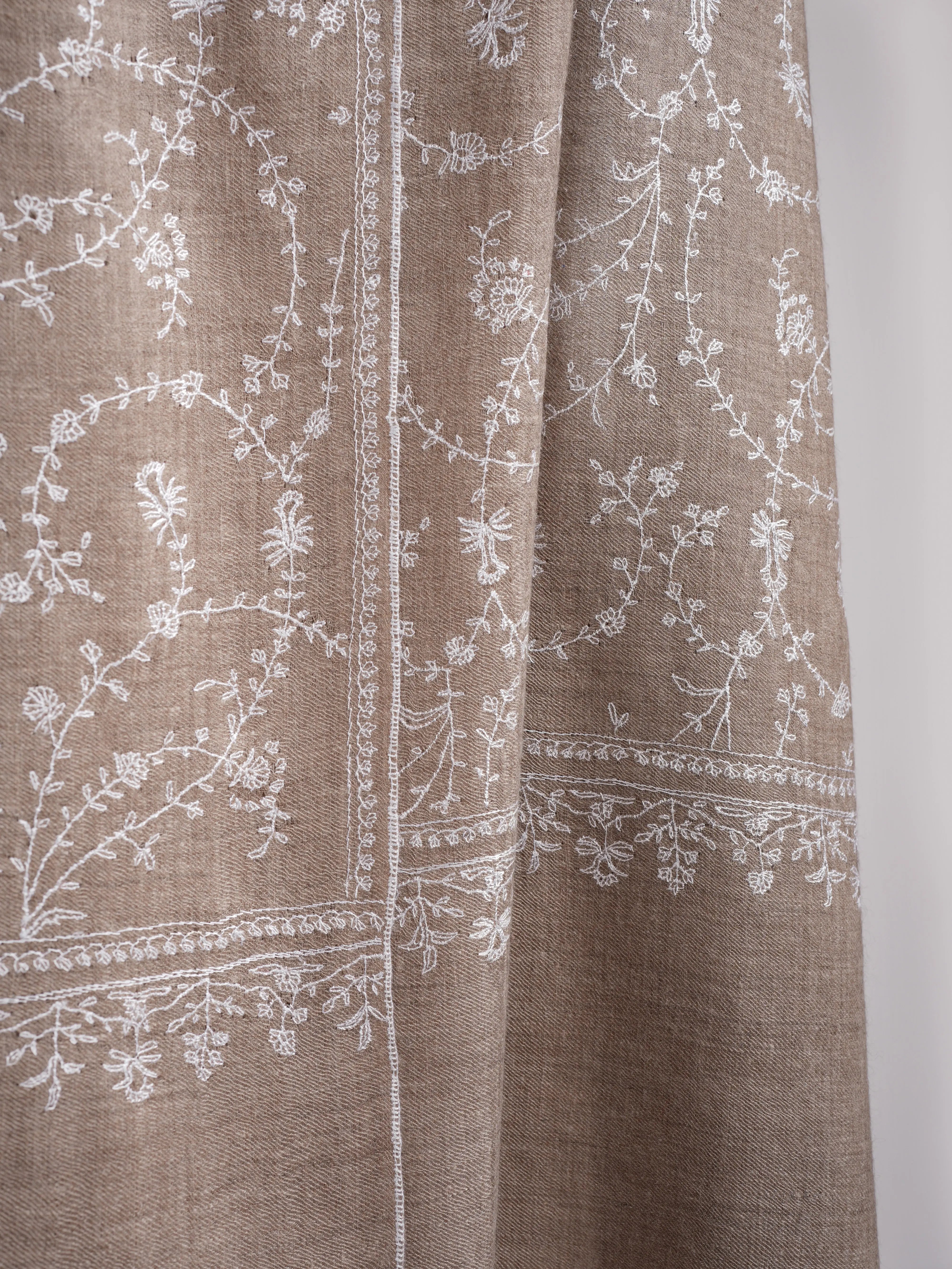 Natural Grey Indian Cashmere with White Sozni Embroidery Shahkaar