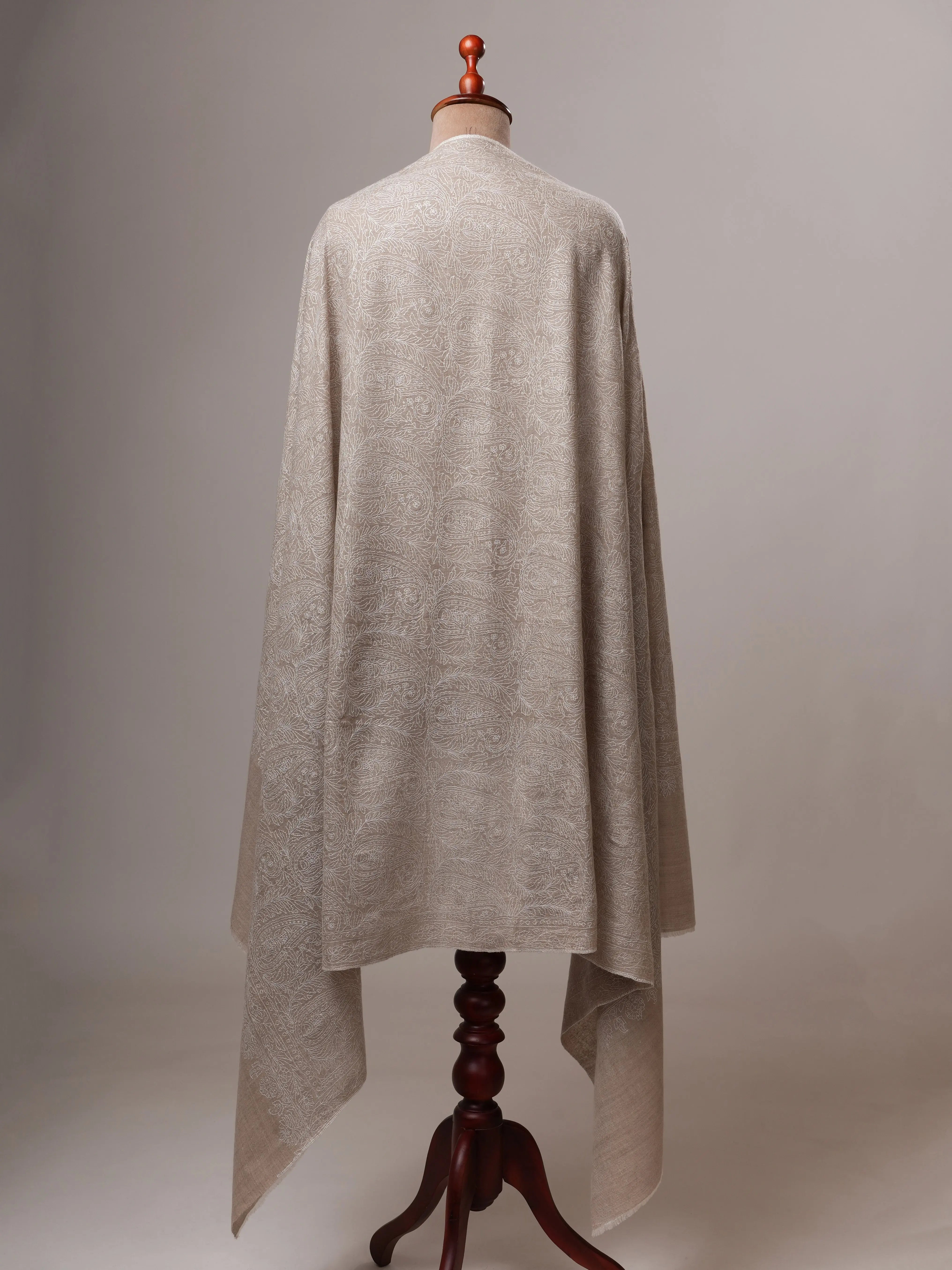 Natural Grey Indian Pashmina Shawl with All-Over White Embroidery Shahkaar
