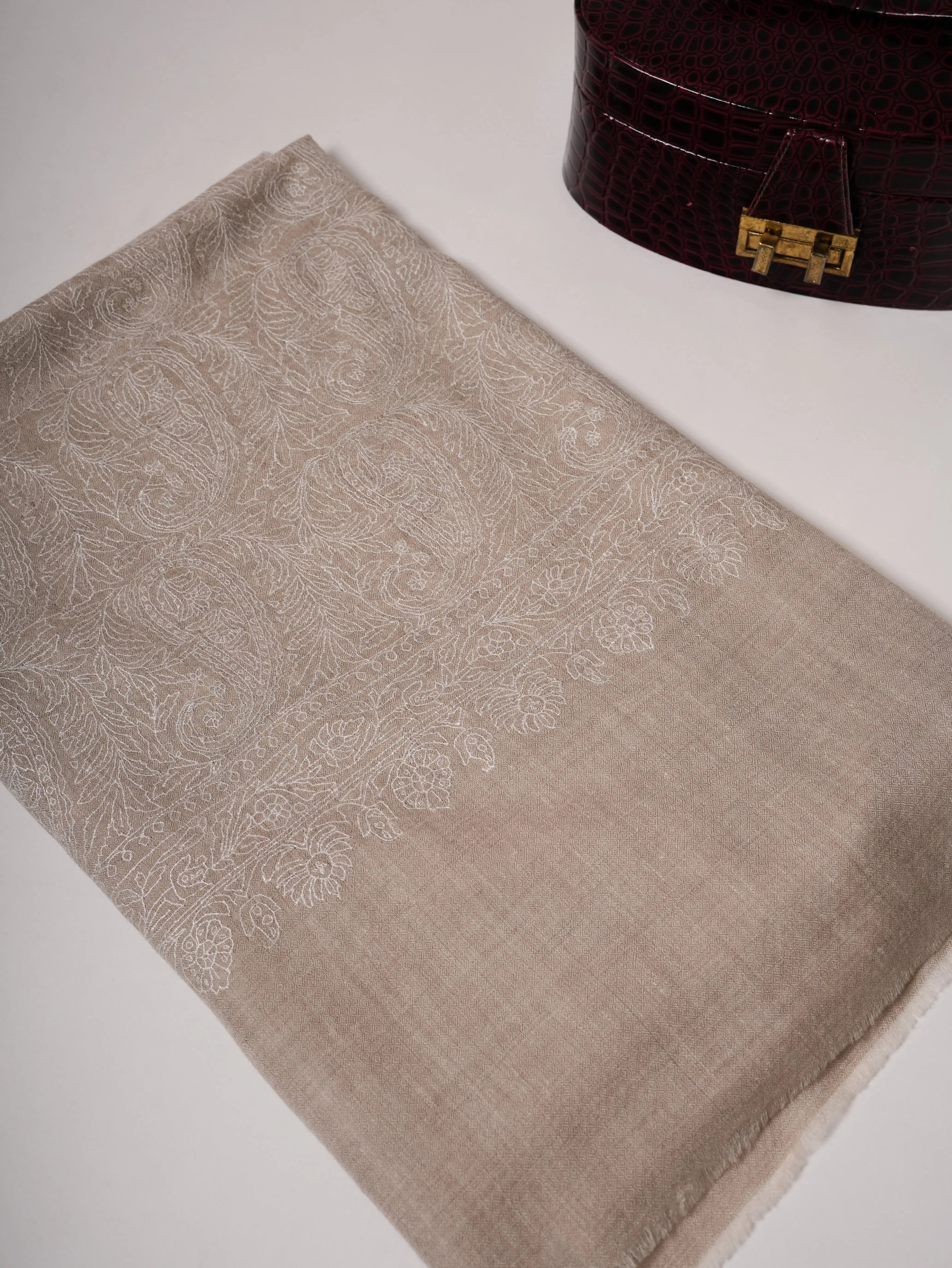 Natural Grey Indian Pashmina Shawl with All-Over White Embroidery Shahkaar