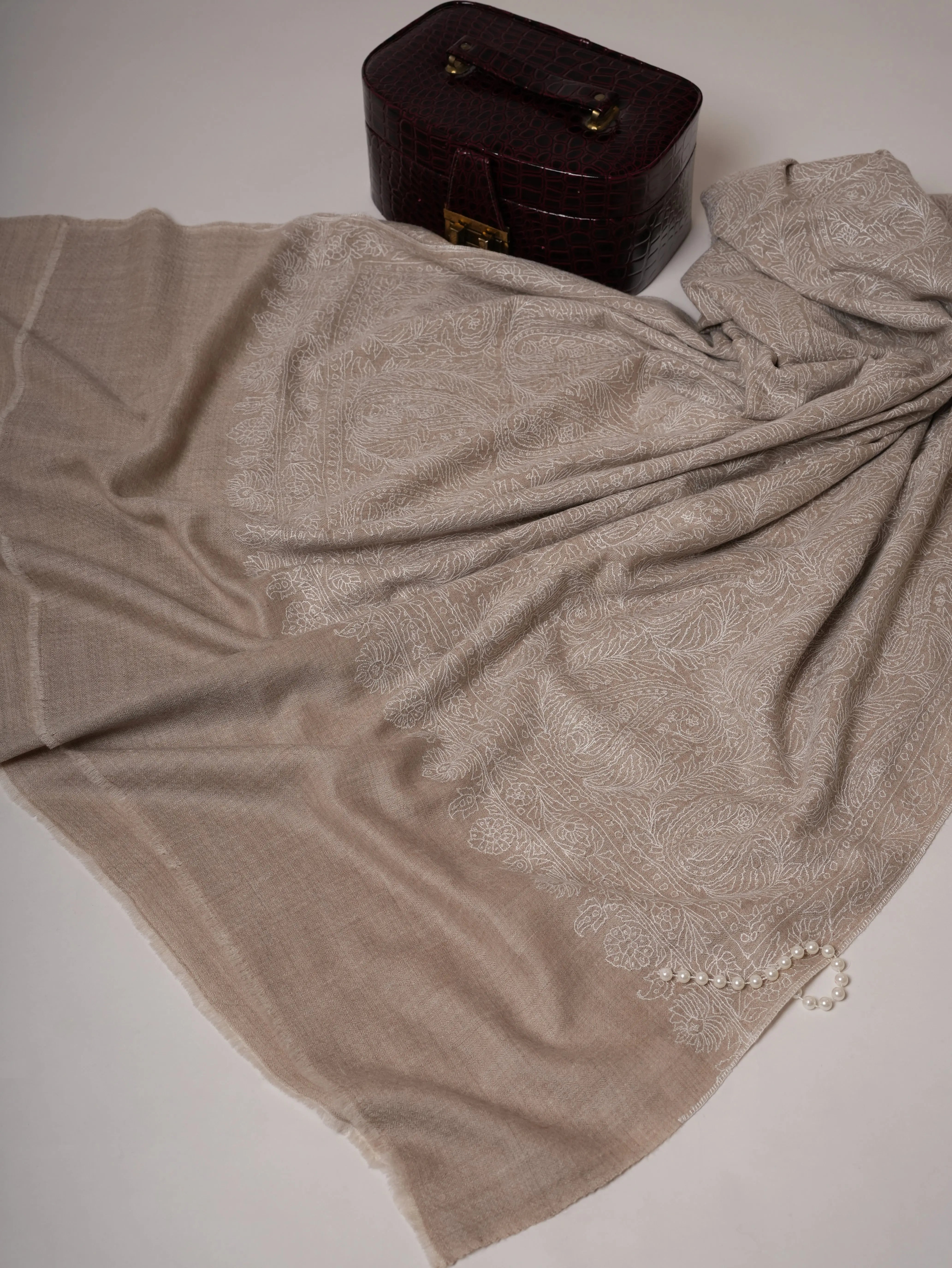 Natural Grey Indian Pashmina Shawl with All-Over White Embroidery Shahkaar