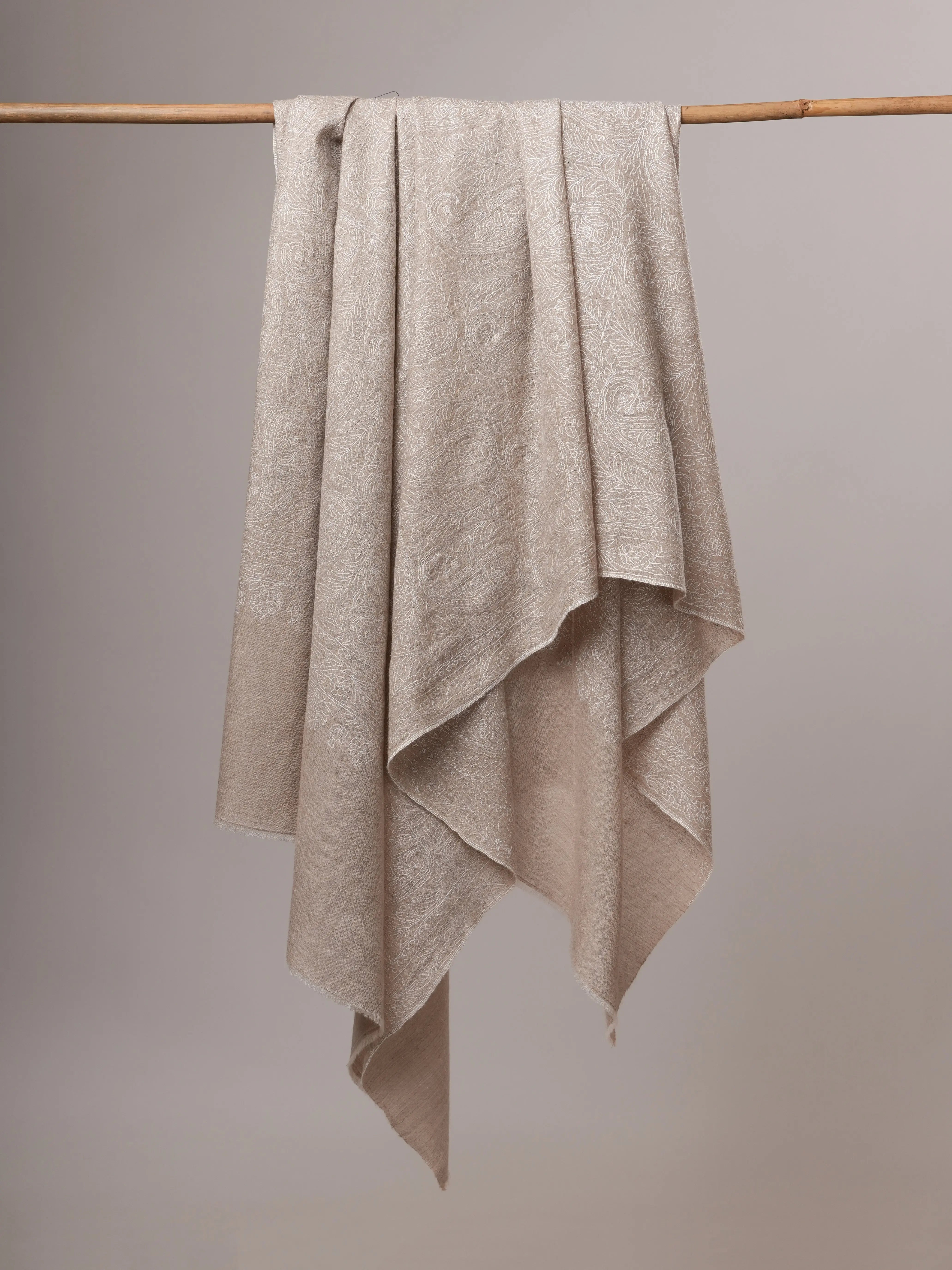 Natural Grey Indian Pashmina Shawl with All-Over White Embroidery Shahkaar