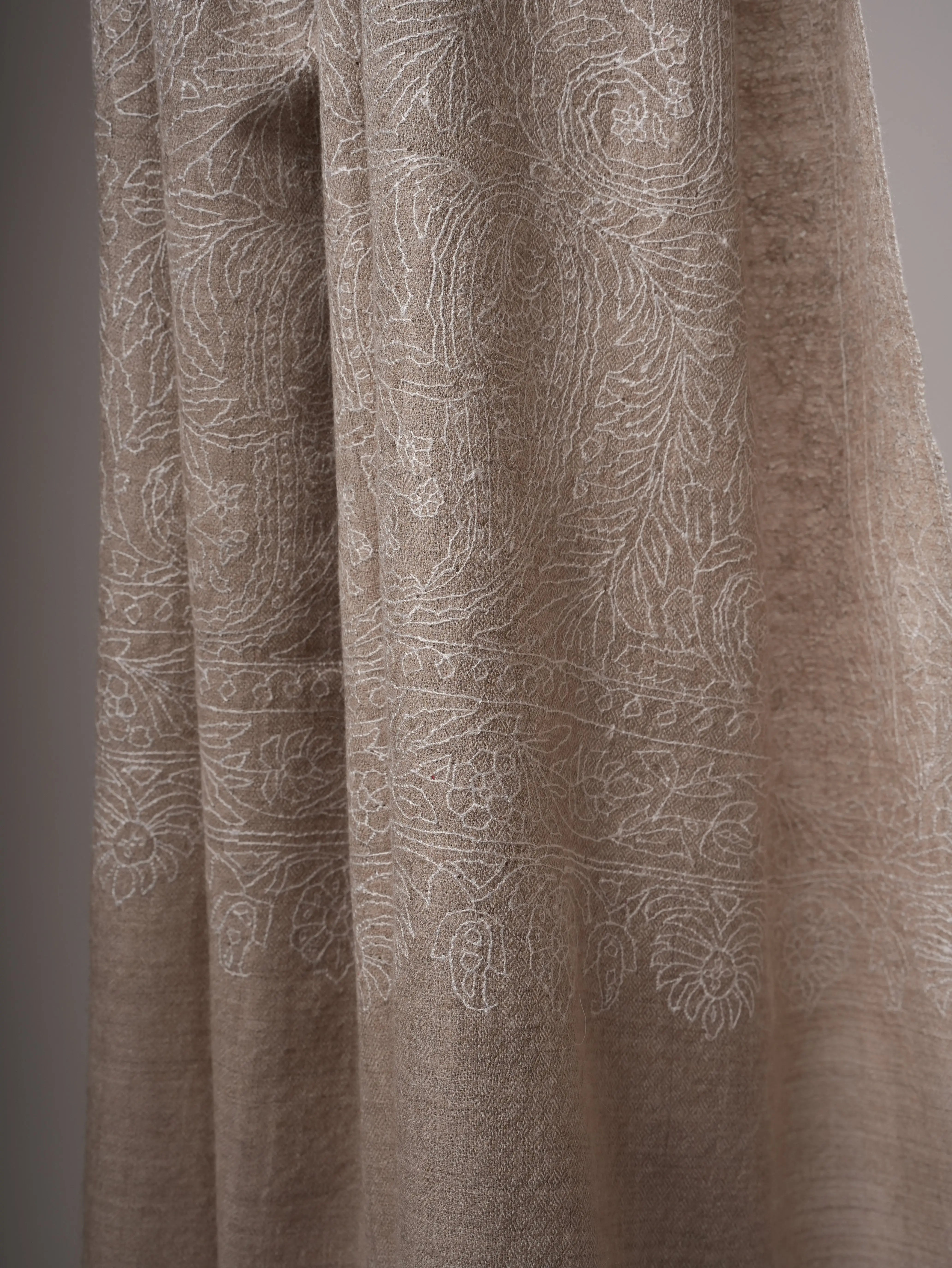 Natural Grey Indian Pashmina Shawl with All-Over White Embroidery Shahkaar