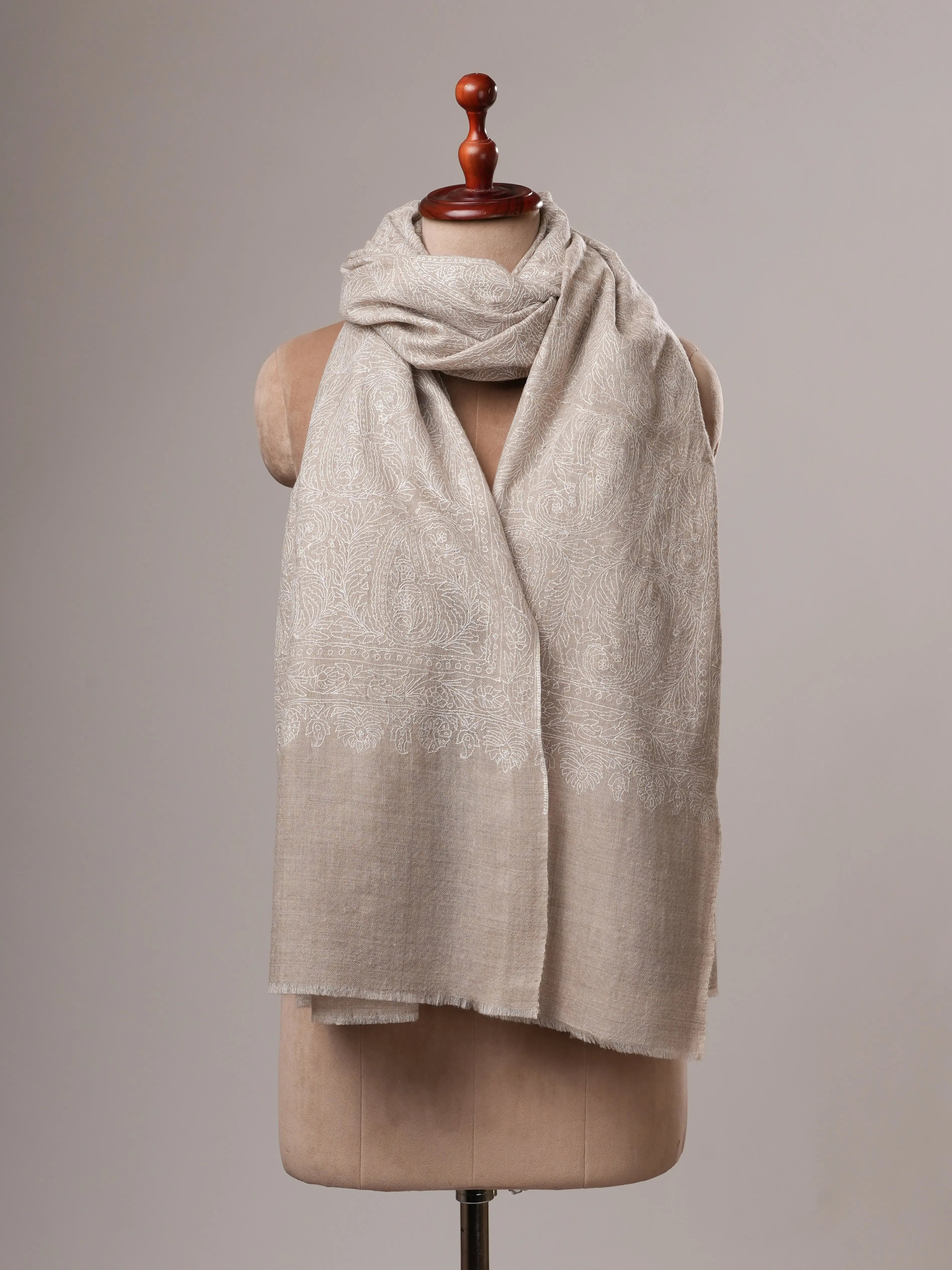Natural Grey Indian Pashmina Shawl with All-Over White Embroidery Shahkaar
