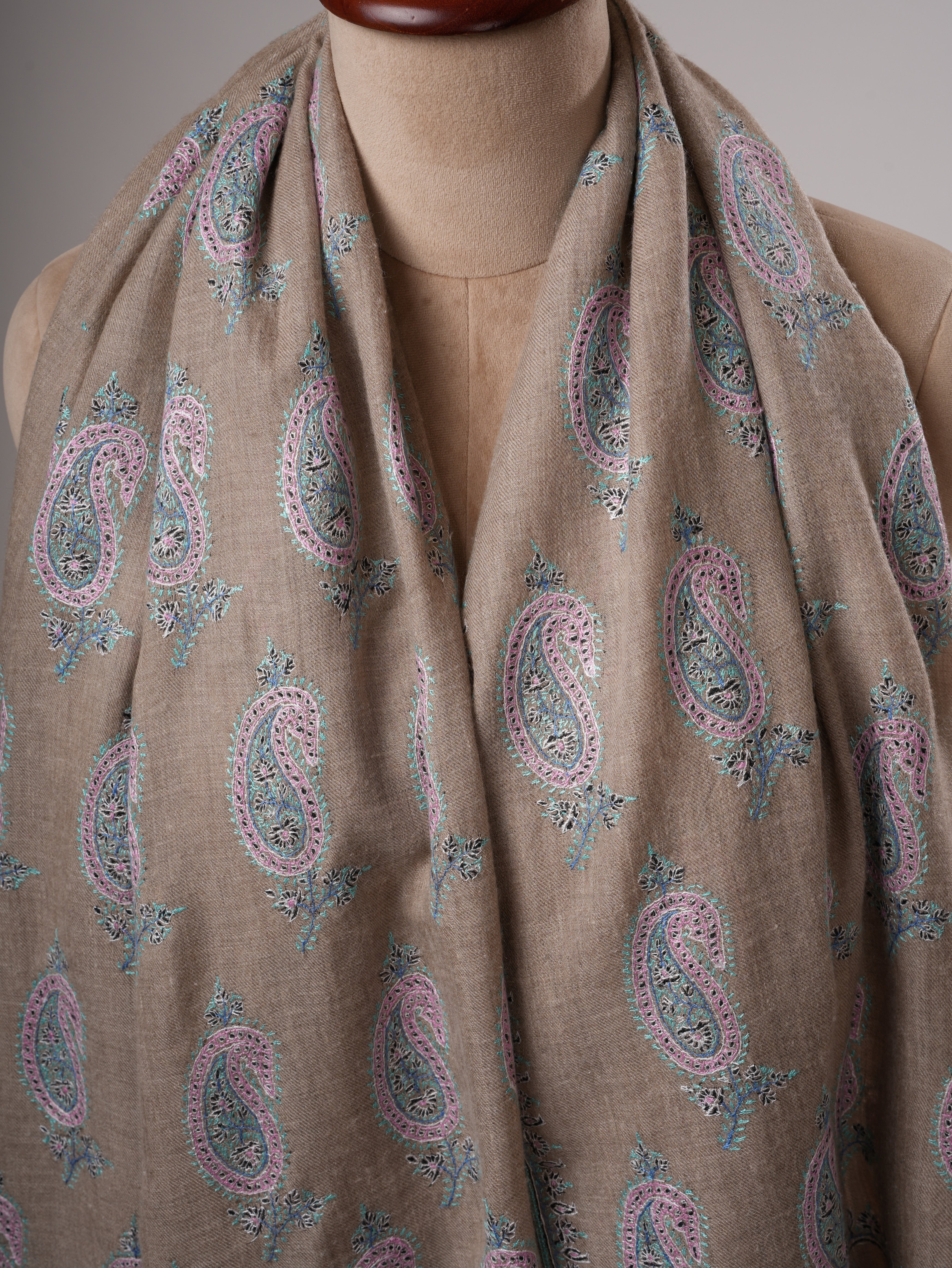 Natural Grey Kashmiri Pashmina Shawl with All Over Paisley Sozni Embroidery Shahkaar