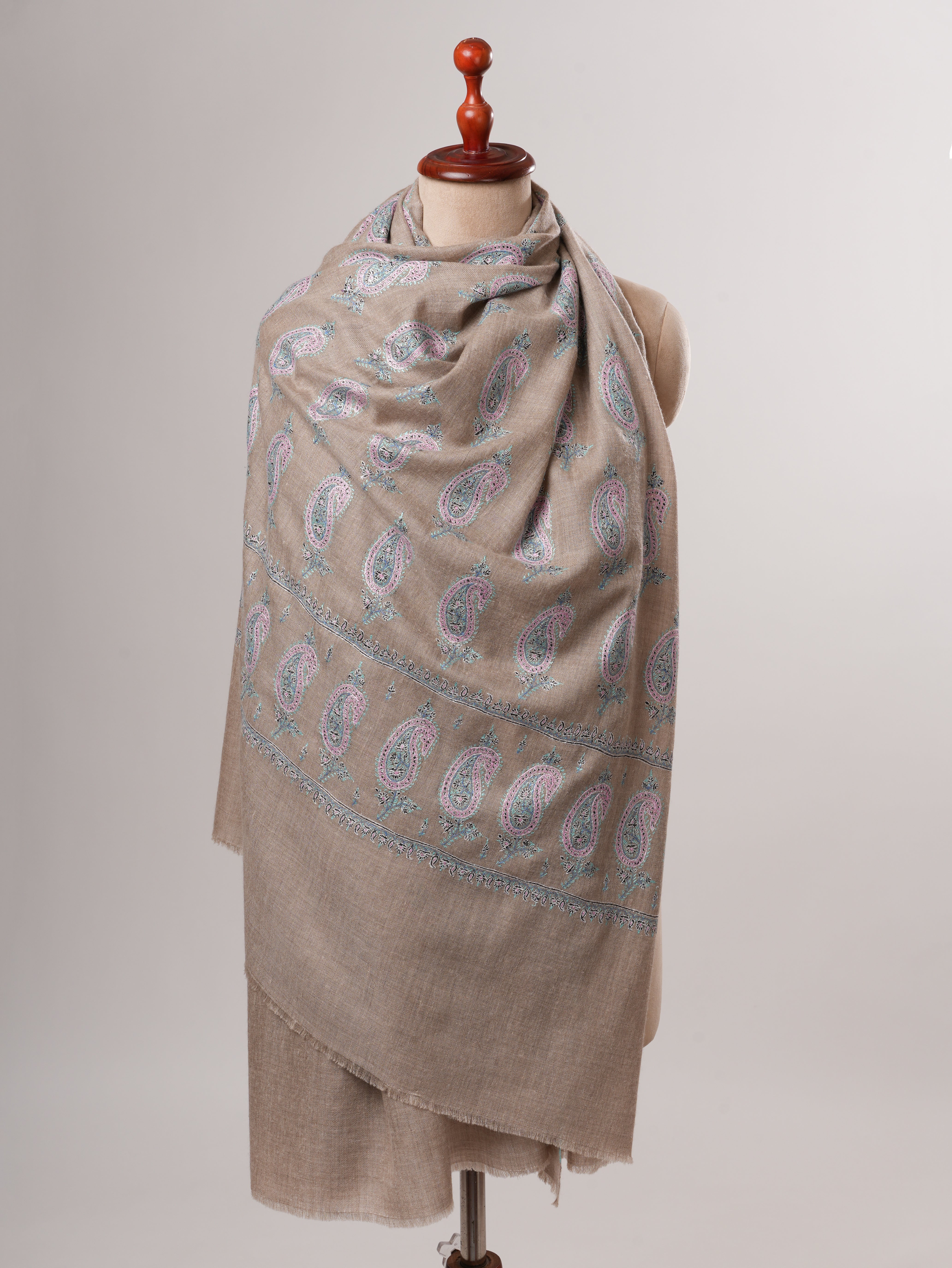 Natural Grey Kashmiri Pashmina Shawl with All Over Paisley Sozni Embroidery Shahkaar
