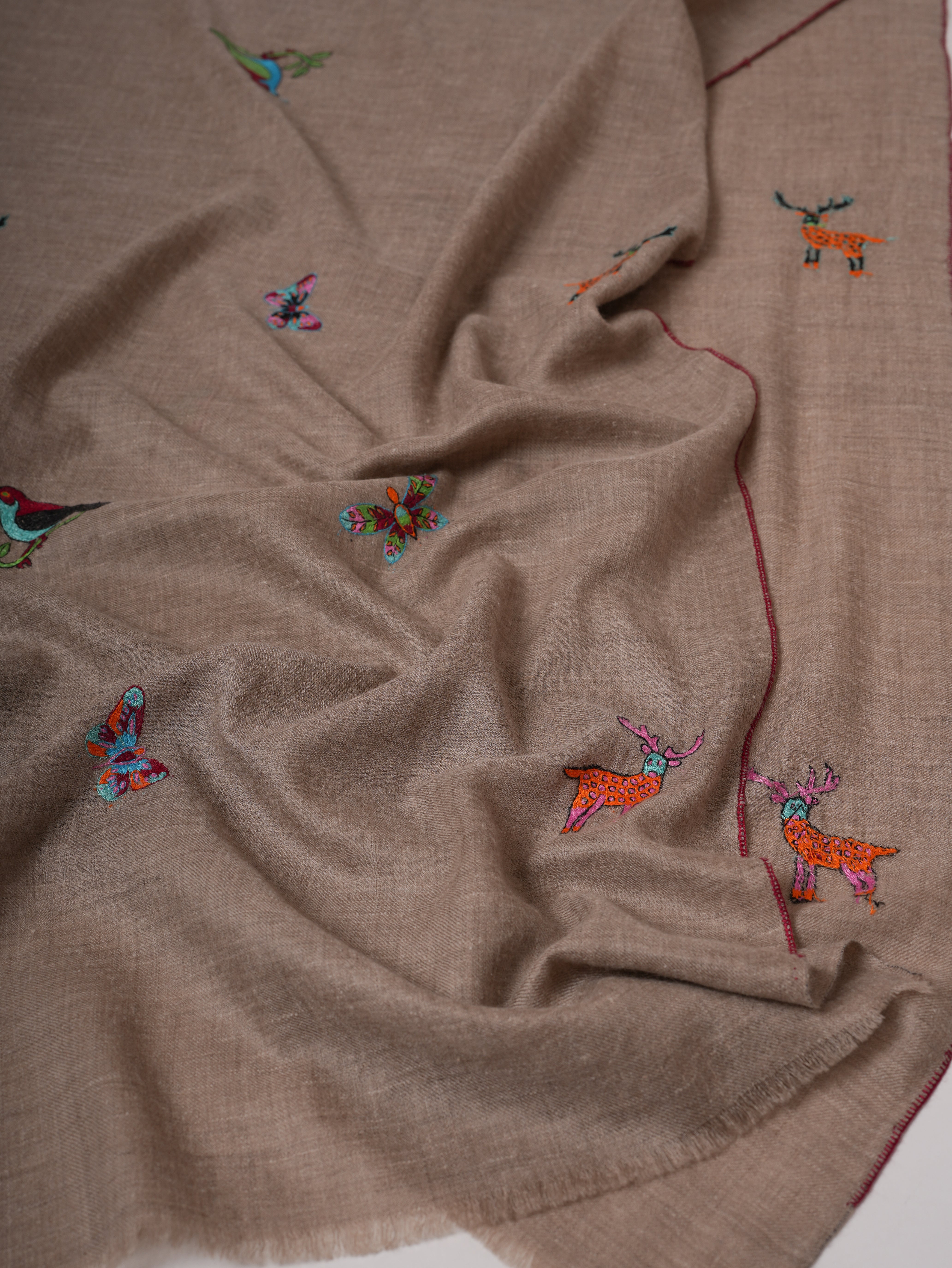 Natural Grey Kashmiri Pashmina Shawl with Deer Sparrow Butterfly Motifs Shahkaar