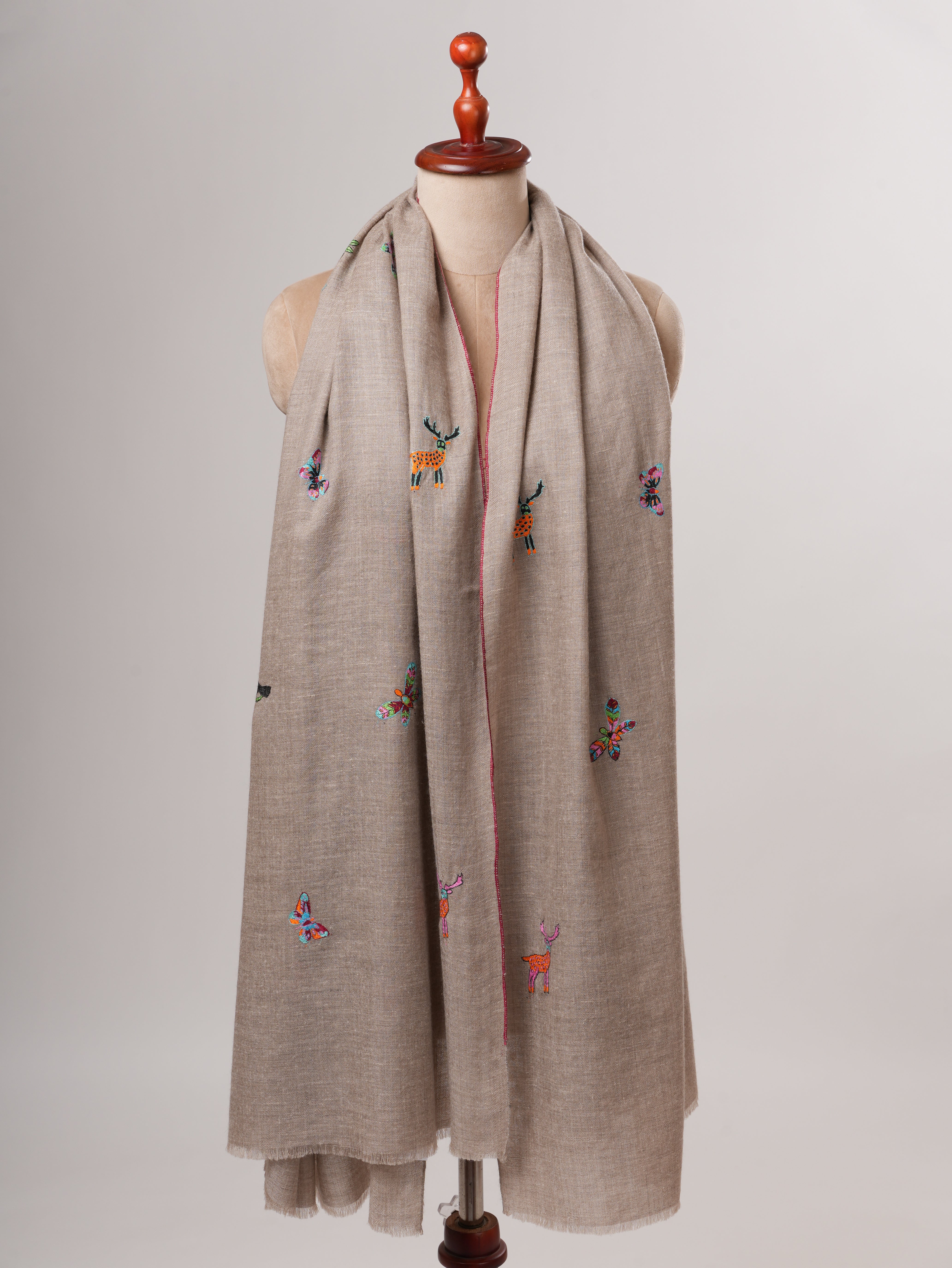 Natural Grey Kashmiri Pashmina Shawl with Deer Sparrow Butterfly Motifs Shahkaar