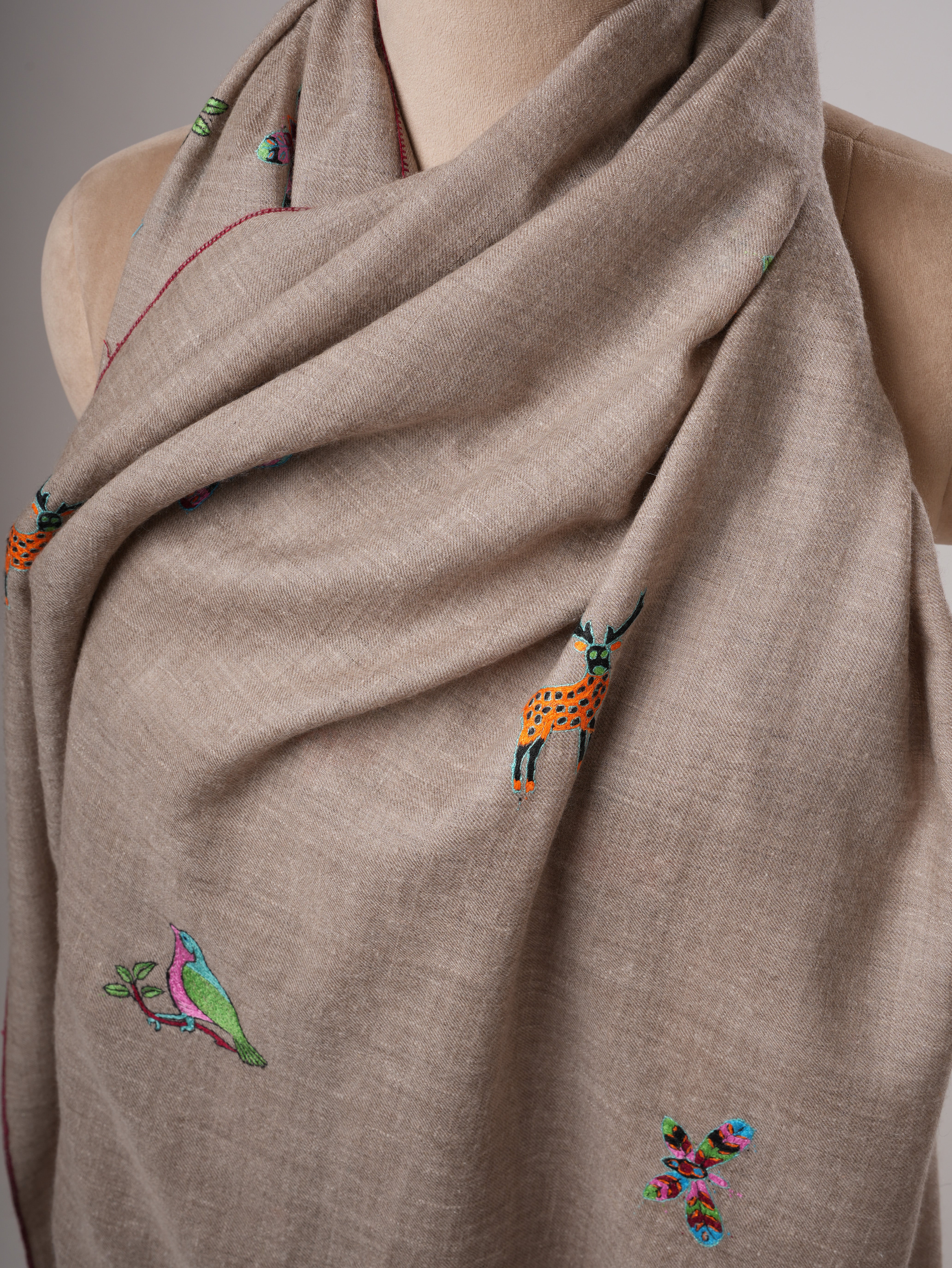 Natural Grey Kashmiri Pashmina Shawl with Deer Sparrow Butterfly Motifs Shahkaar