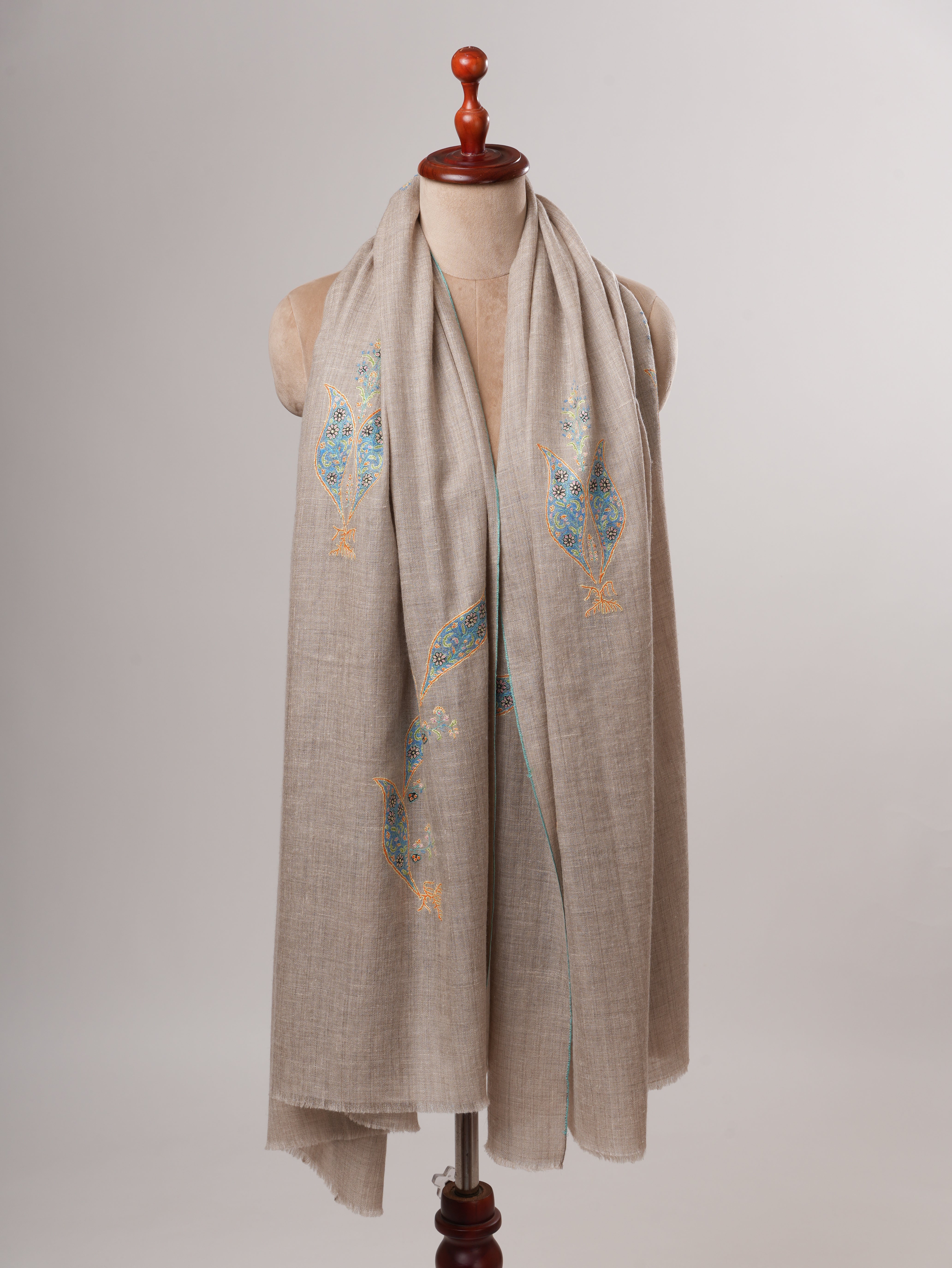 Natural Grey Kashmiri Pashmina Shawl with Hand Embroidered Buteh Motifs Shahkaar