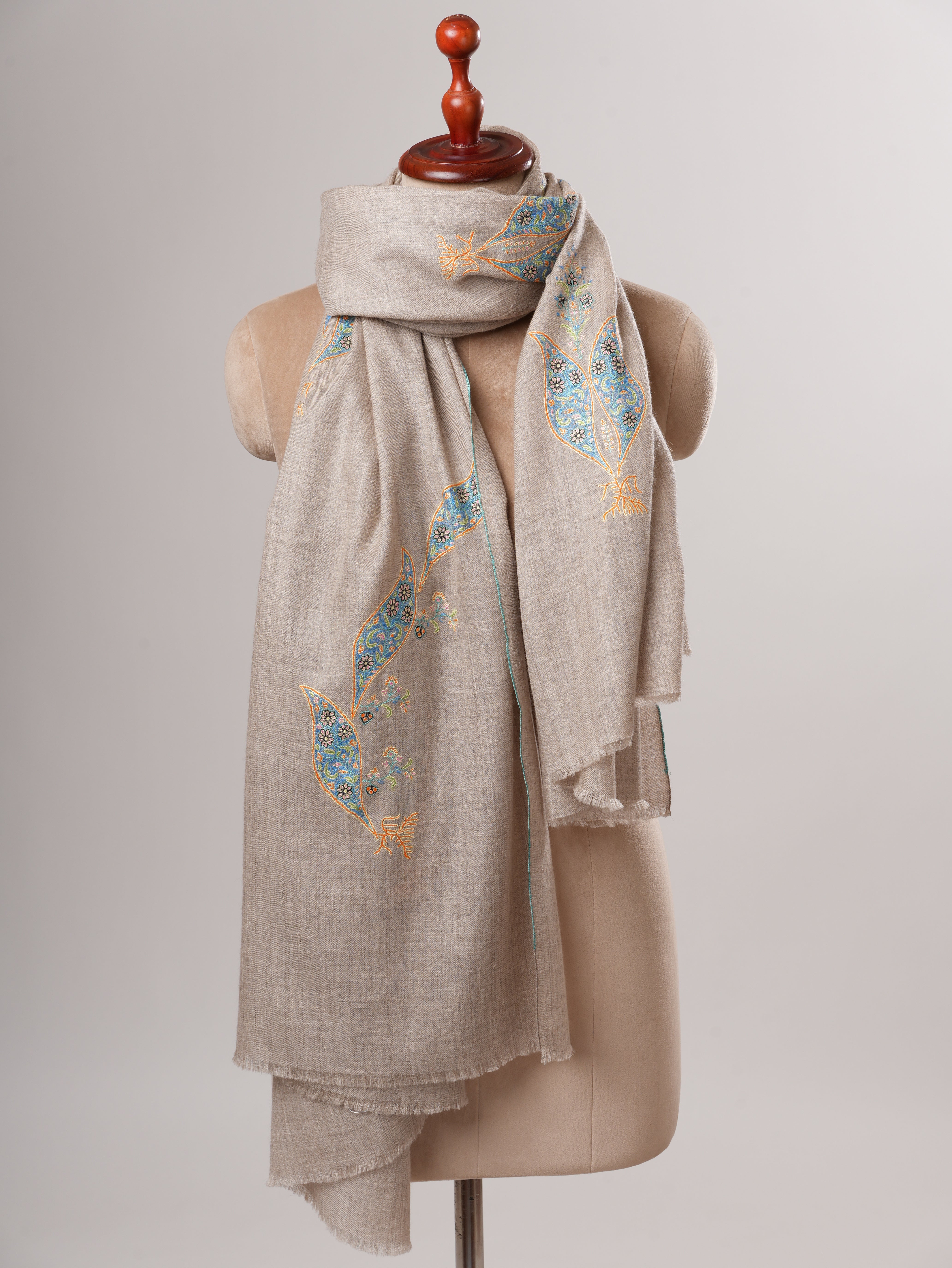 Natural Grey Kashmiri Pashmina Shawl with Hand Embroidered Buteh Motifs Shahkaar