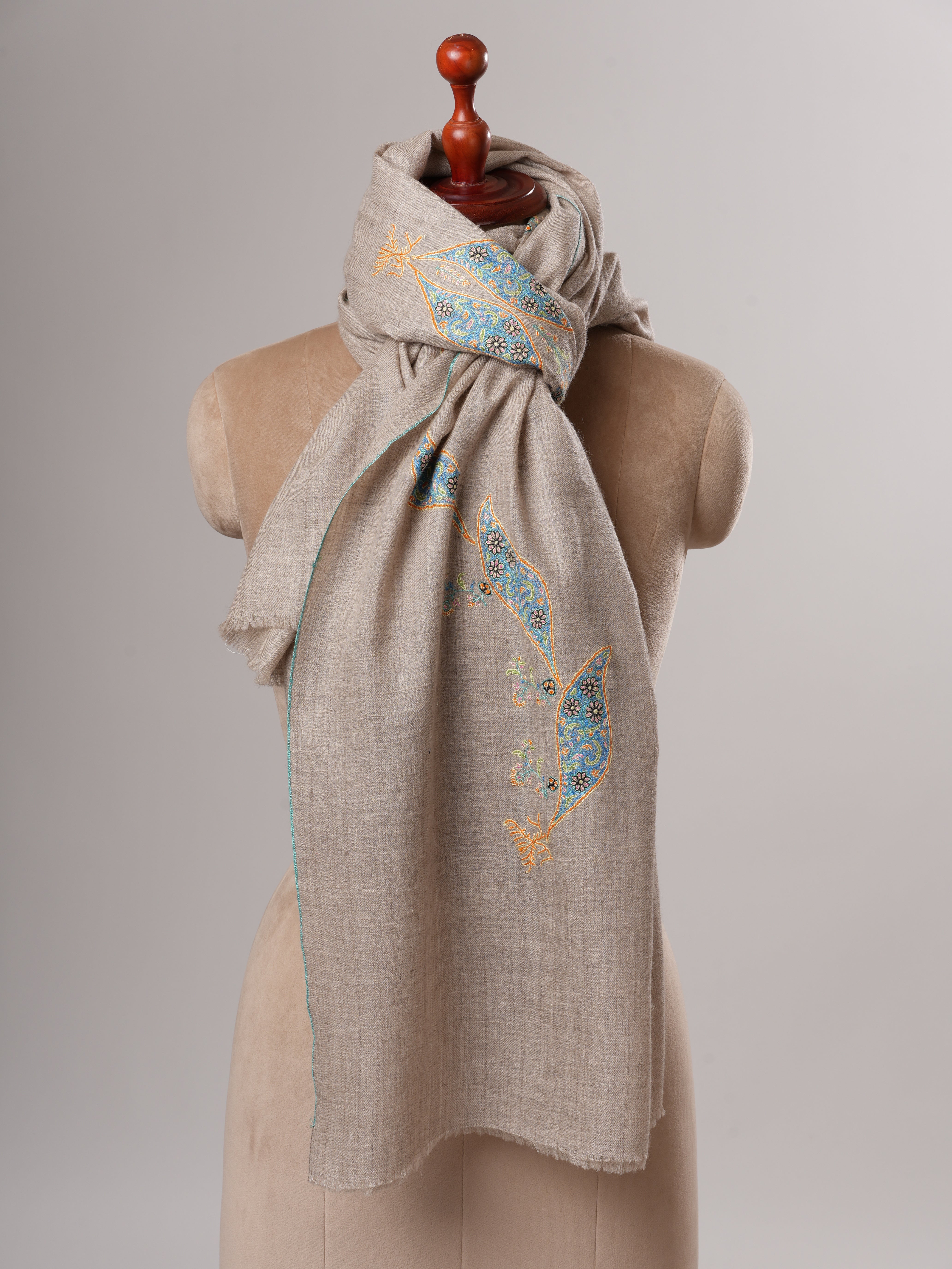 Natural Grey Kashmiri Pashmina Shawl with Hand Embroidered Buteh Motifs Shahkaar