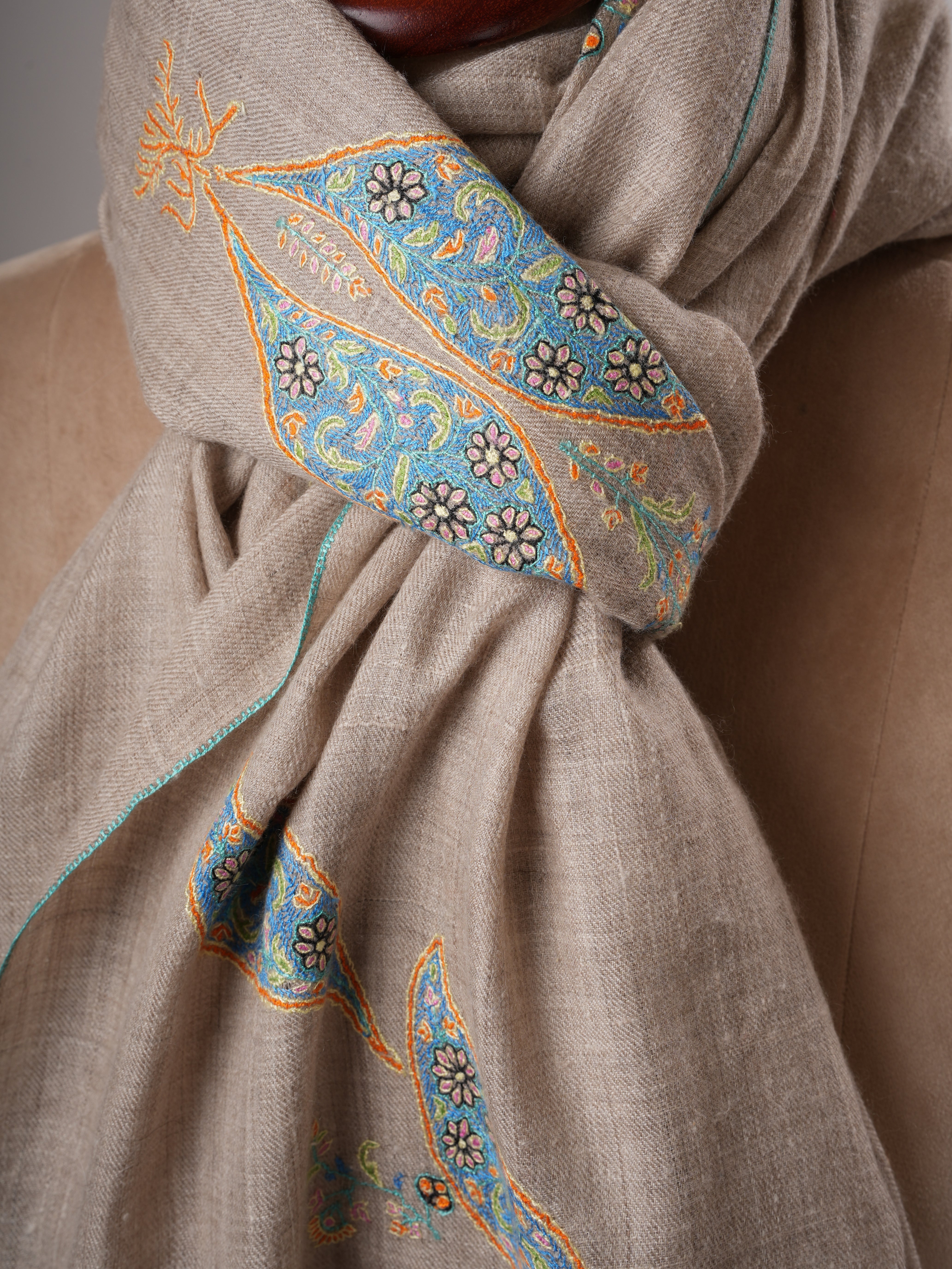 Natural Grey Kashmiri Pashmina Shawl with Hand Embroidered Buteh Motifs Shahkaar