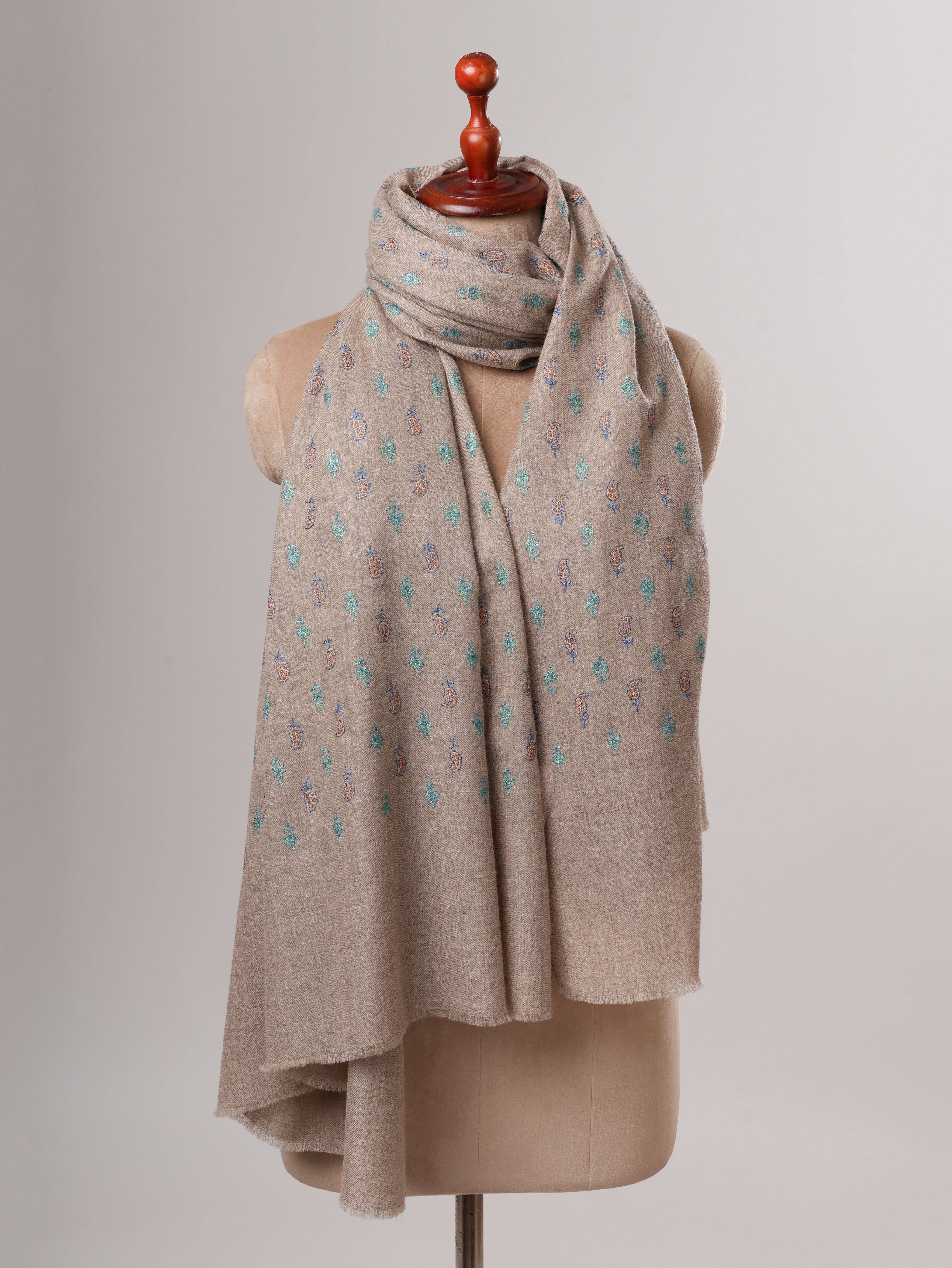Natural Grey Kashmiri Pashmina Shawl with Paisley Floral Hand Embroidery Shahkaar