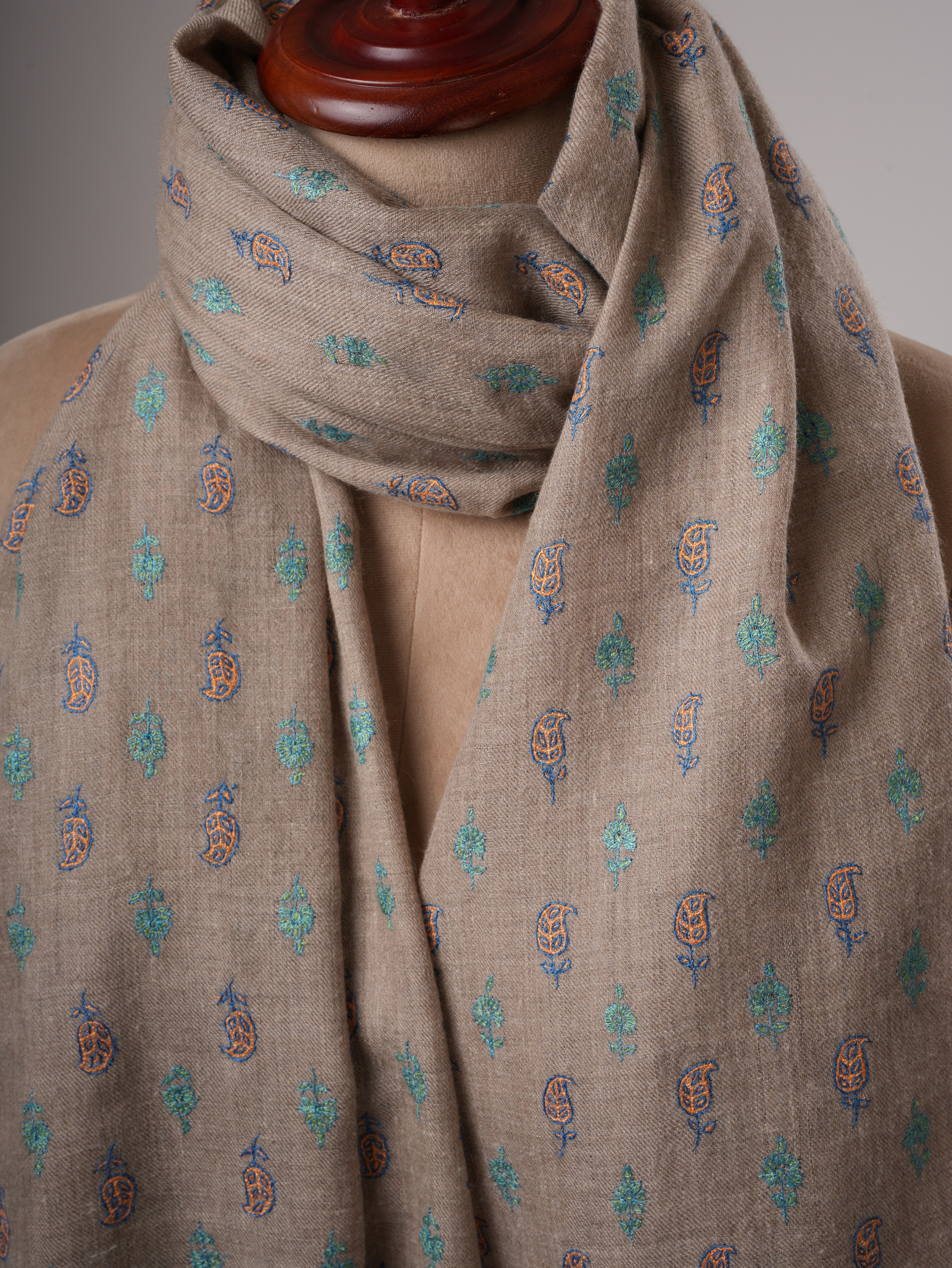 Natural Grey Kashmiri Pashmina Shawl with Paisley Floral Hand Embroidery Shahkaar
