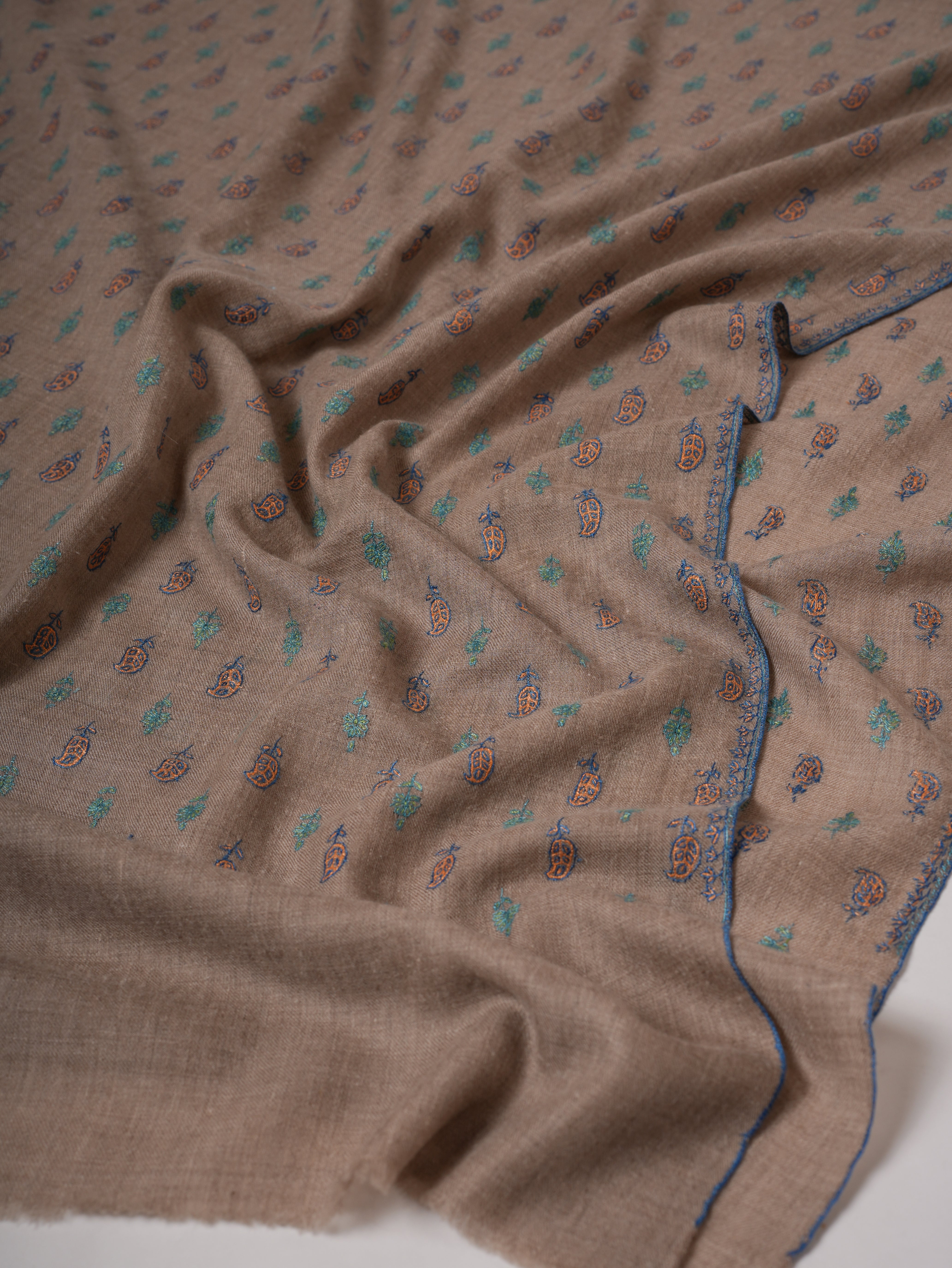 Natural Grey Kashmiri Pashmina Shawl with Paisley Floral Hand Embroidery Shahkaar