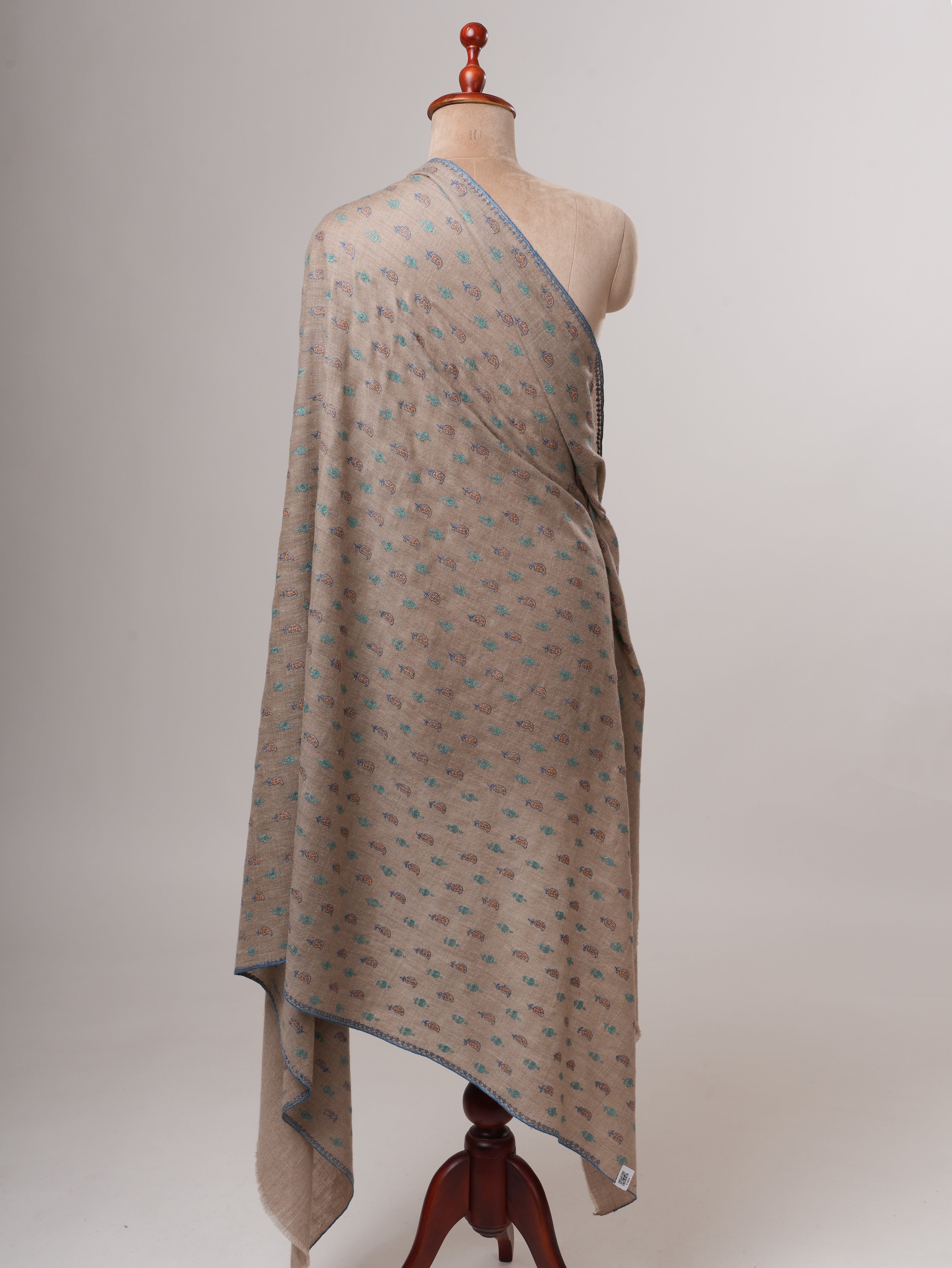 Natural Grey Kashmiri Pashmina Shawl with Paisley Floral Hand Embroidery Shahkaar