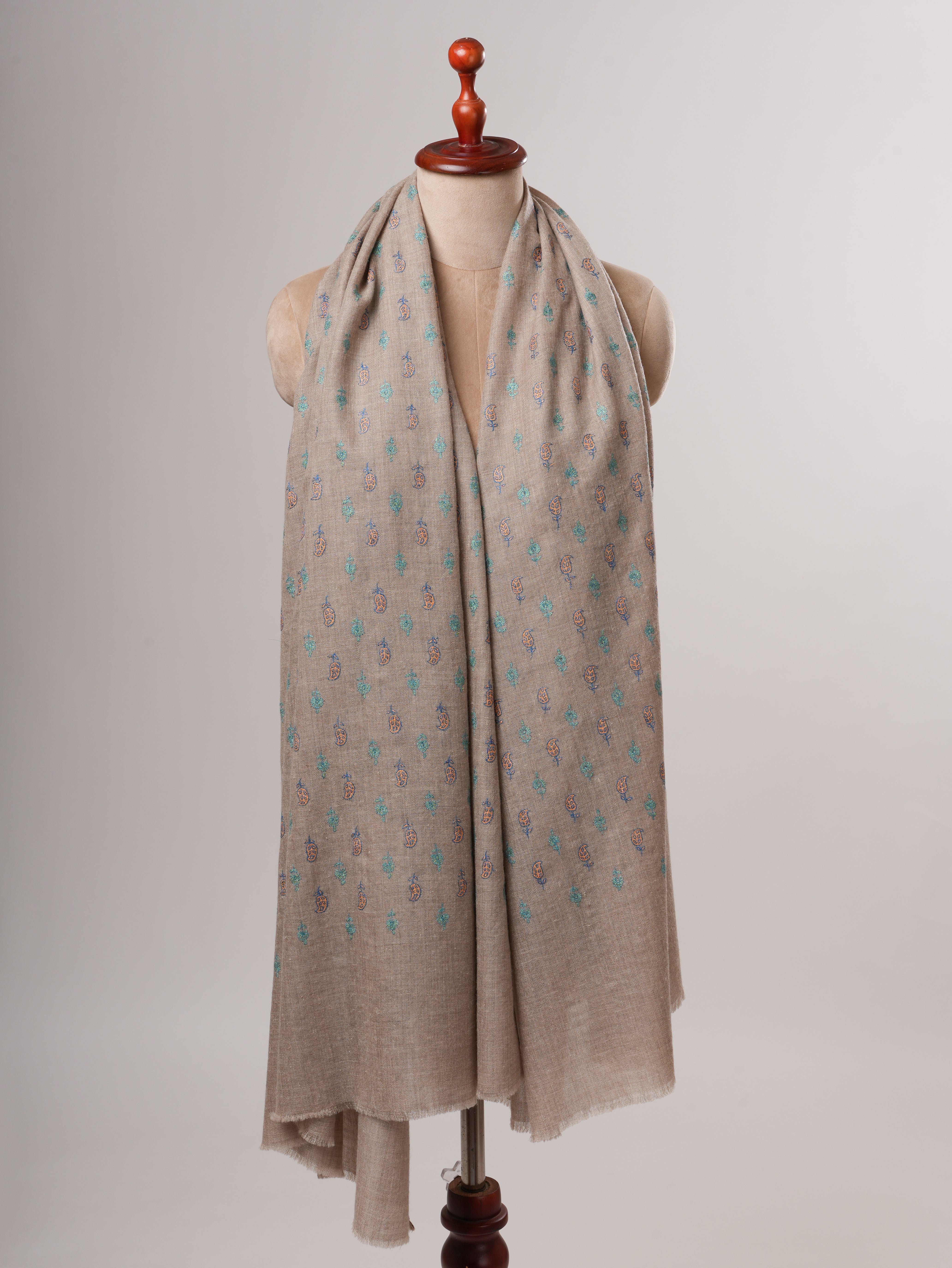 Natural Grey Kashmiri Pashmina Shawl with Paisley Floral Hand Embroidery Shahkaar
