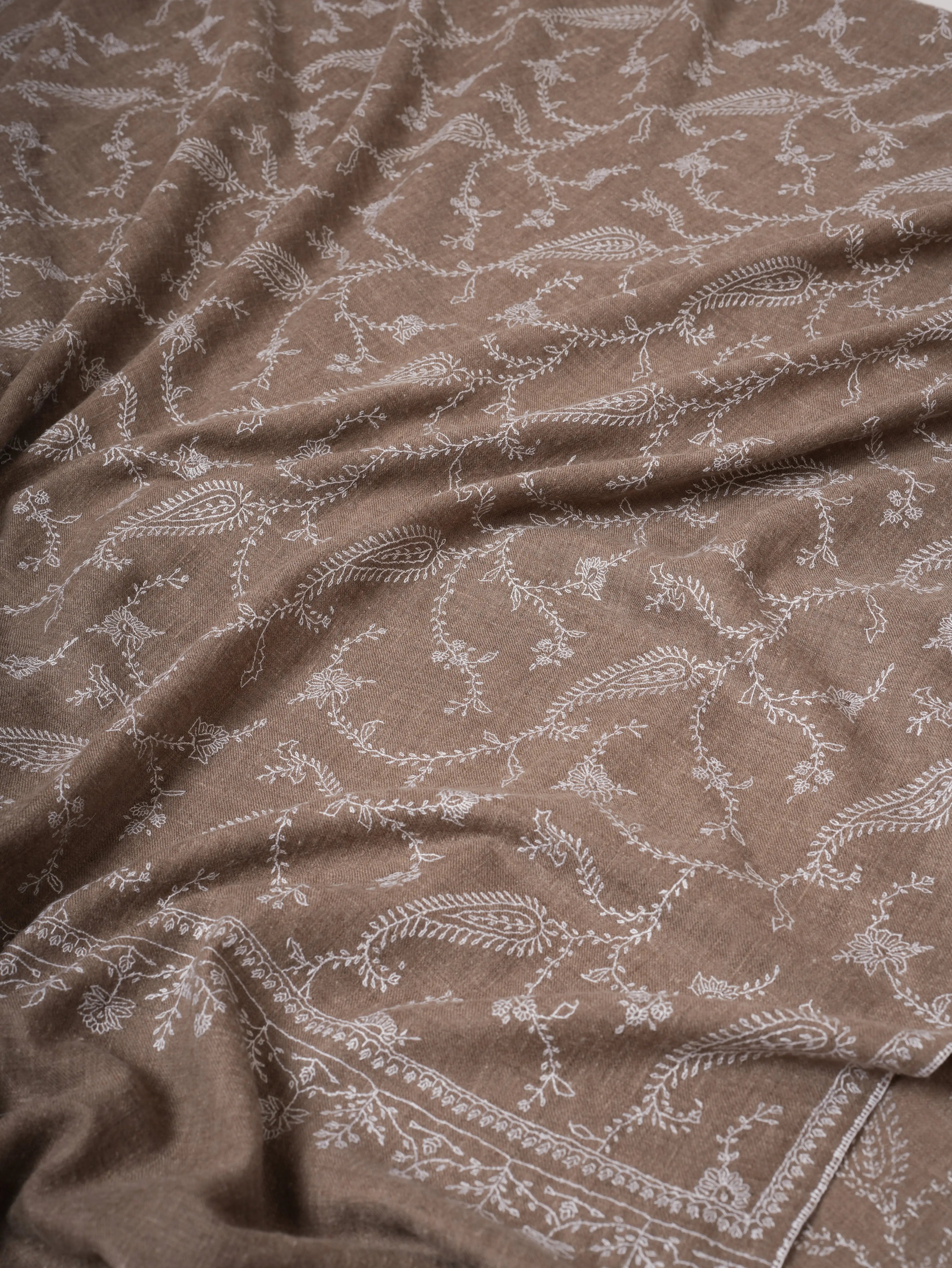 Natural Grey Kashmiri Pashmina Shawl with White Sozni Embroidery - Shahkaar