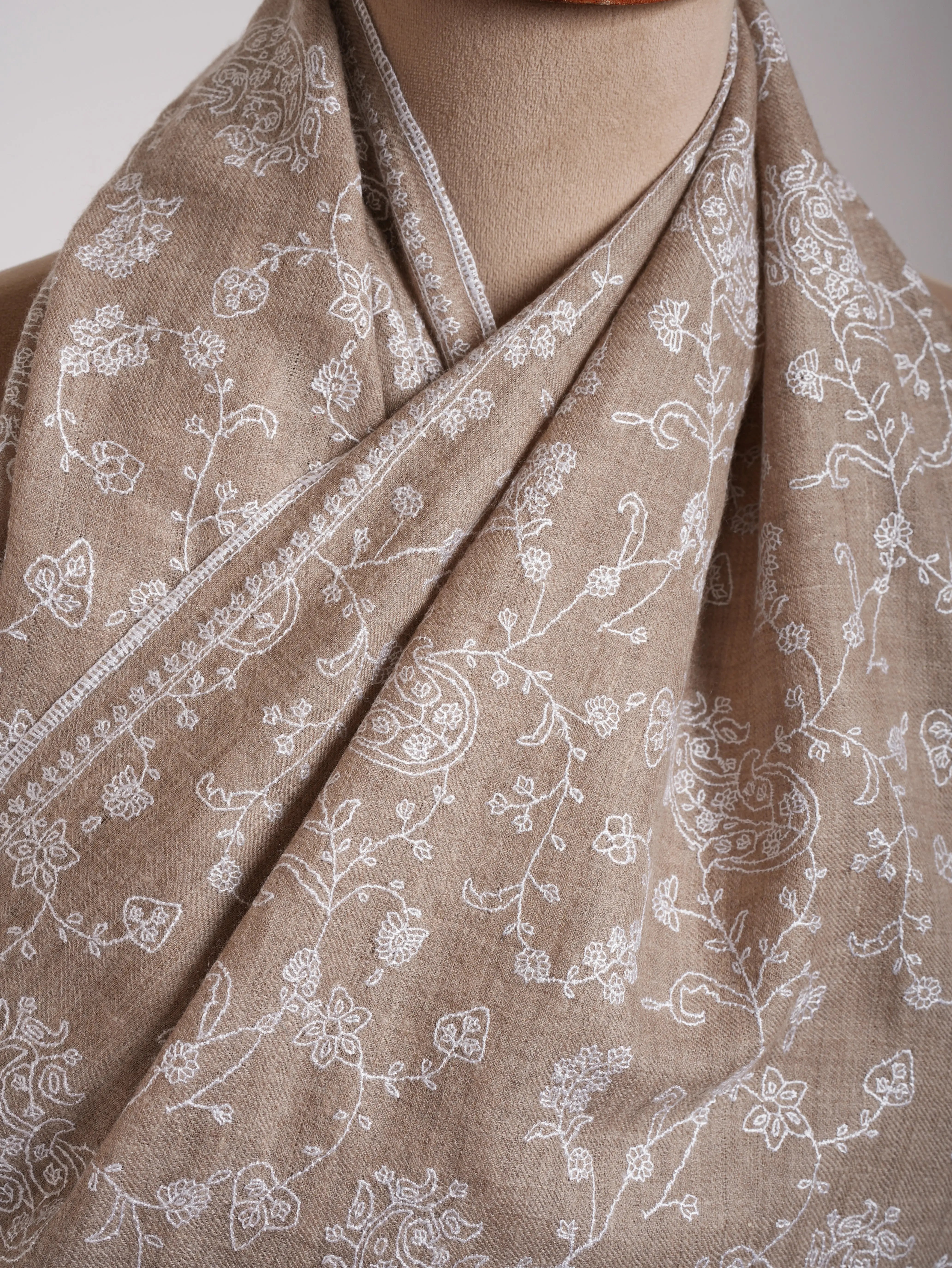 Natural Grey Lightweight in White Embroidery Cashmere Scarf Shahkaar