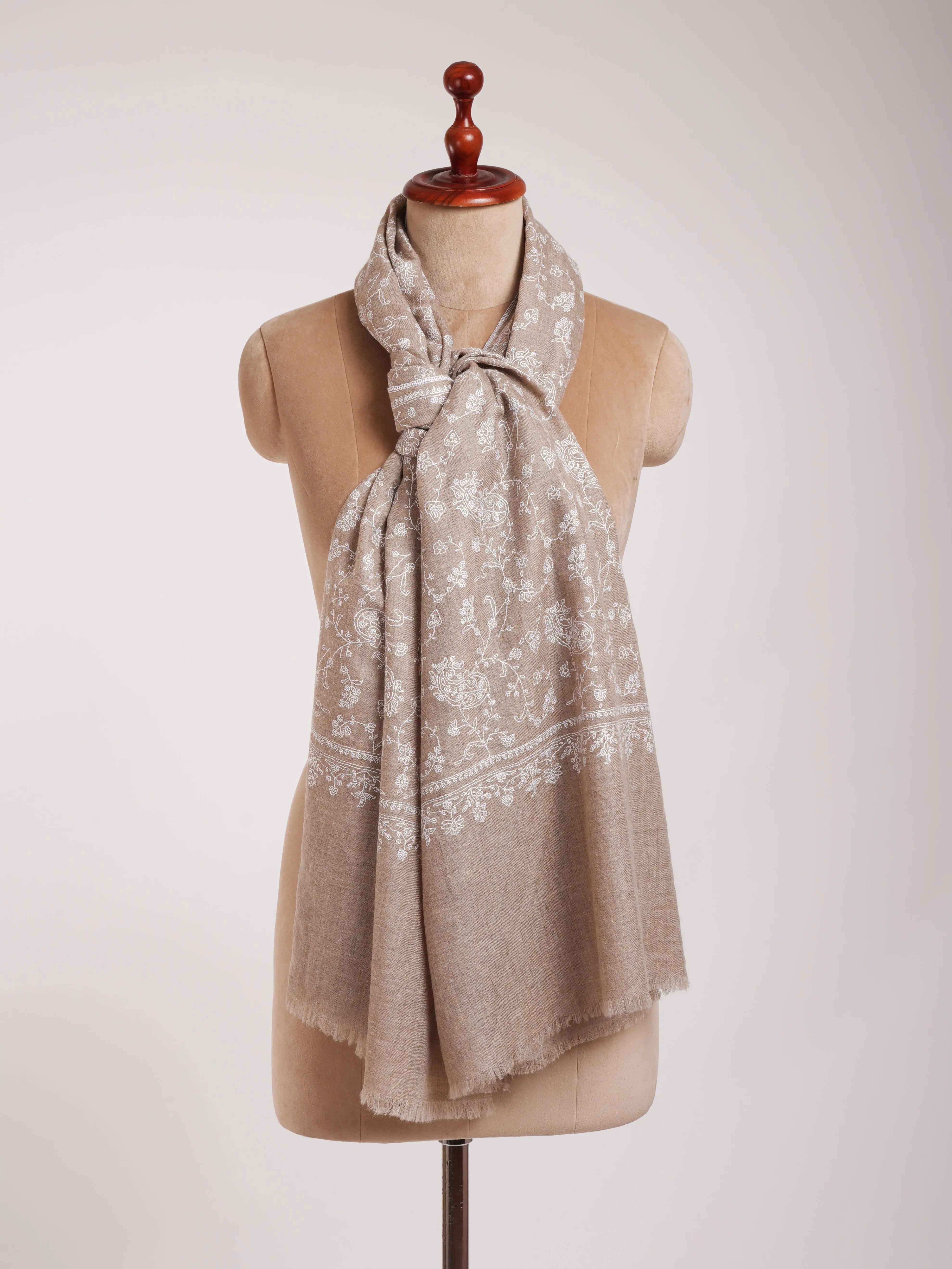 Natural Grey Lightweight in White Embroidery Cashmere Scarf Shahkaar