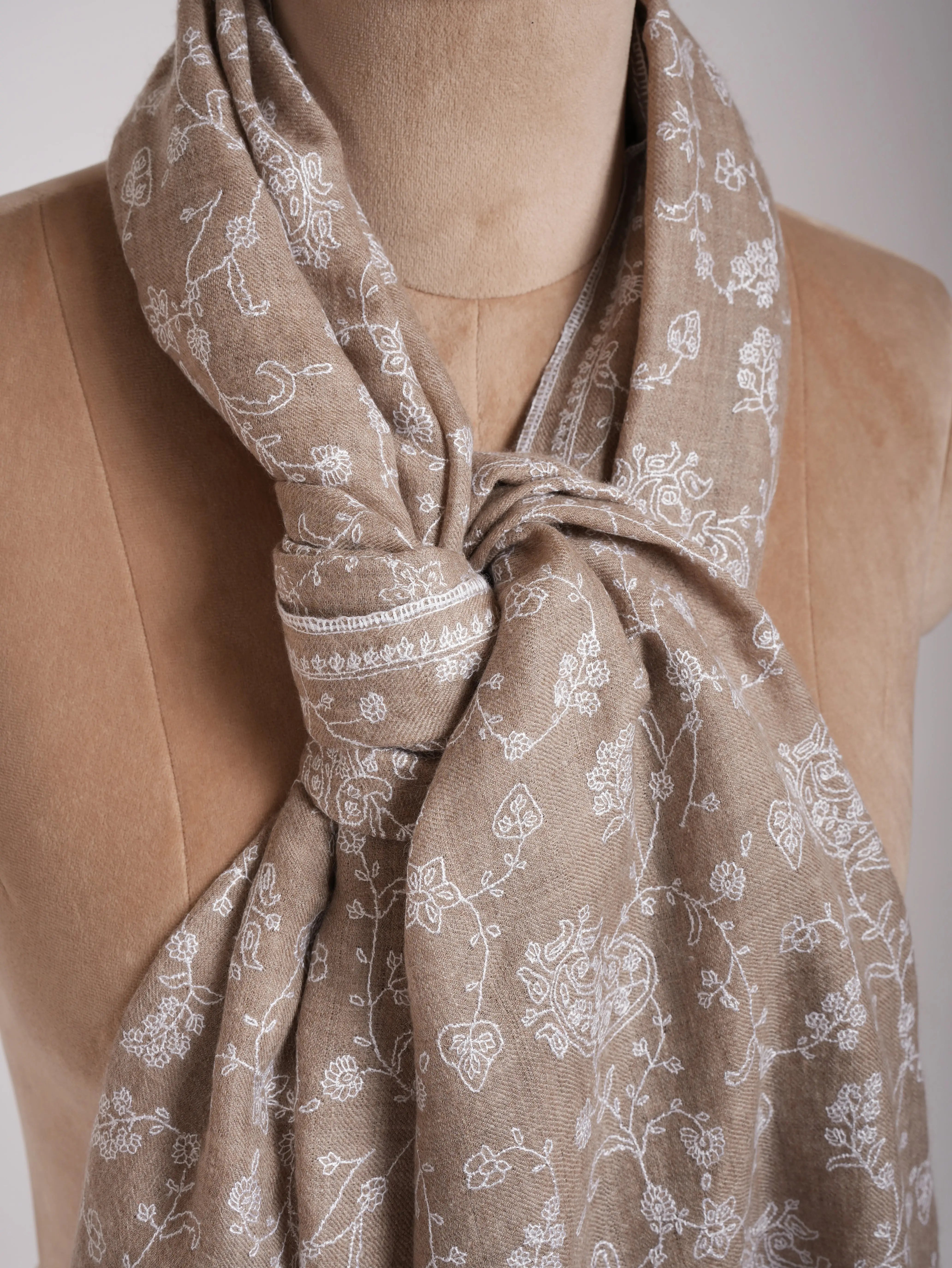 Natural Grey Lightweight in White Embroidery Cashmere Scarf Shahkaar