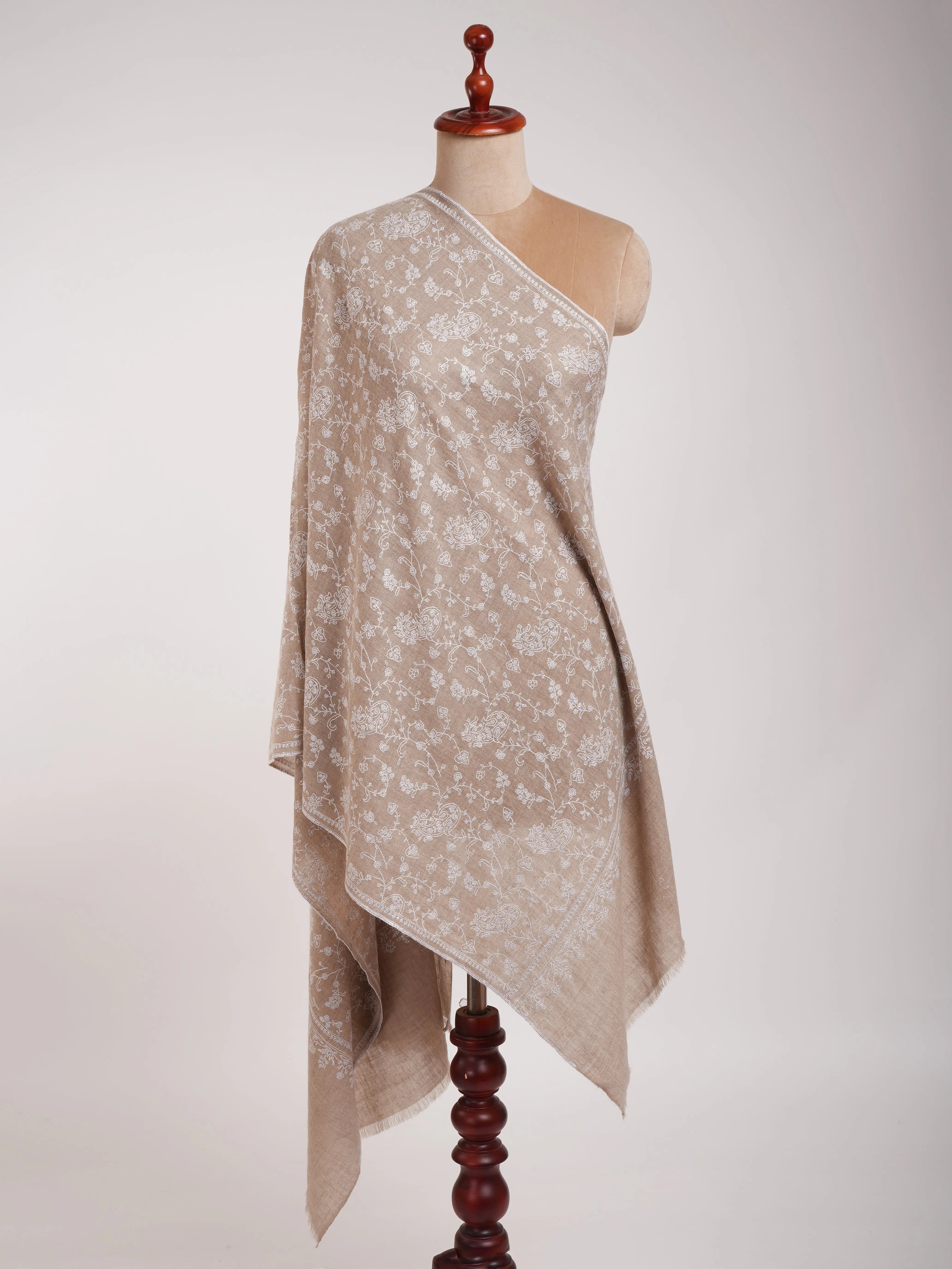 Natural Grey Lightweight in White Embroidery Cashmere Scarf Shahkaar