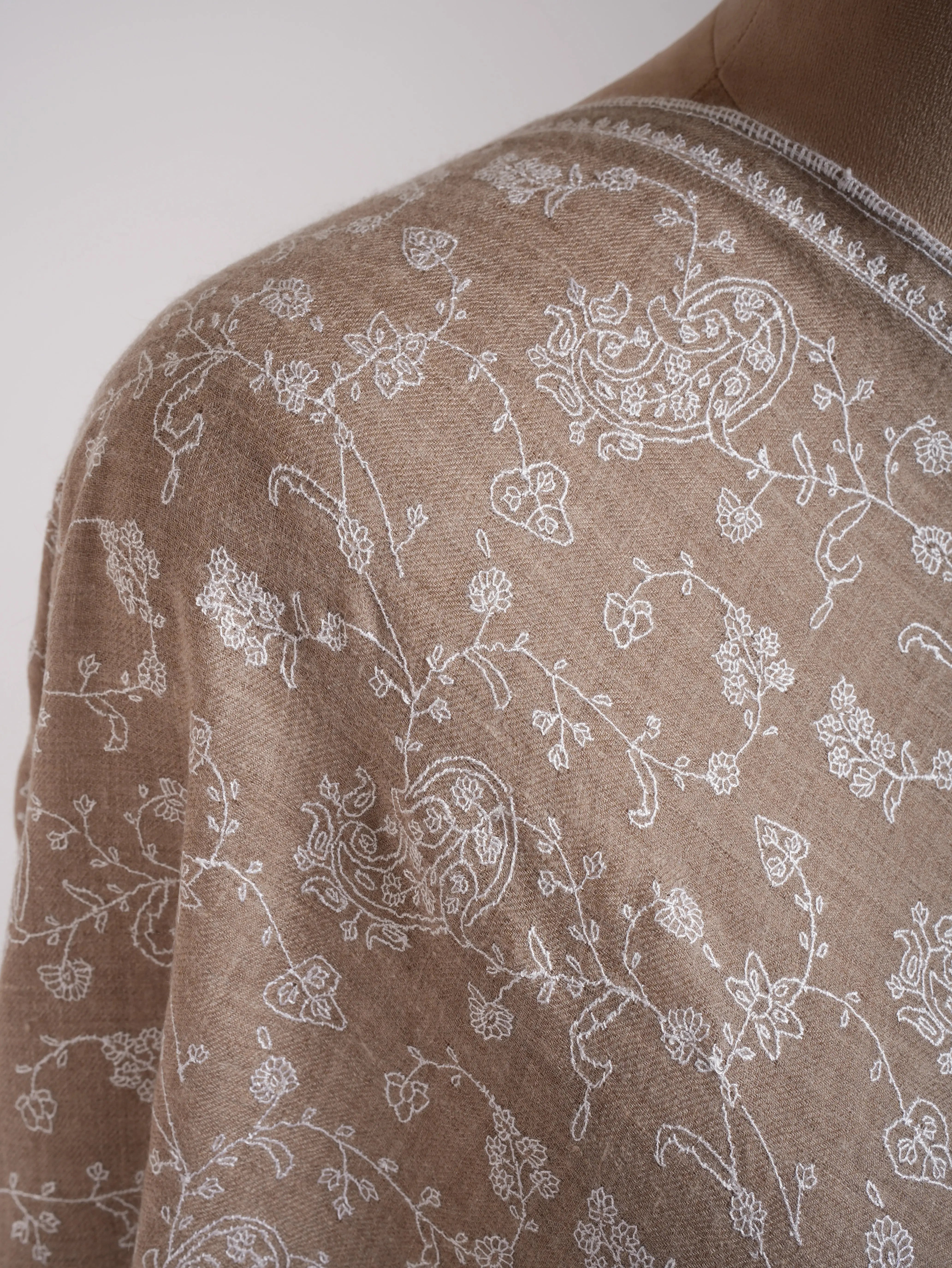 Natural Grey Lightweight in White Embroidery Cashmere Scarf Shahkaar