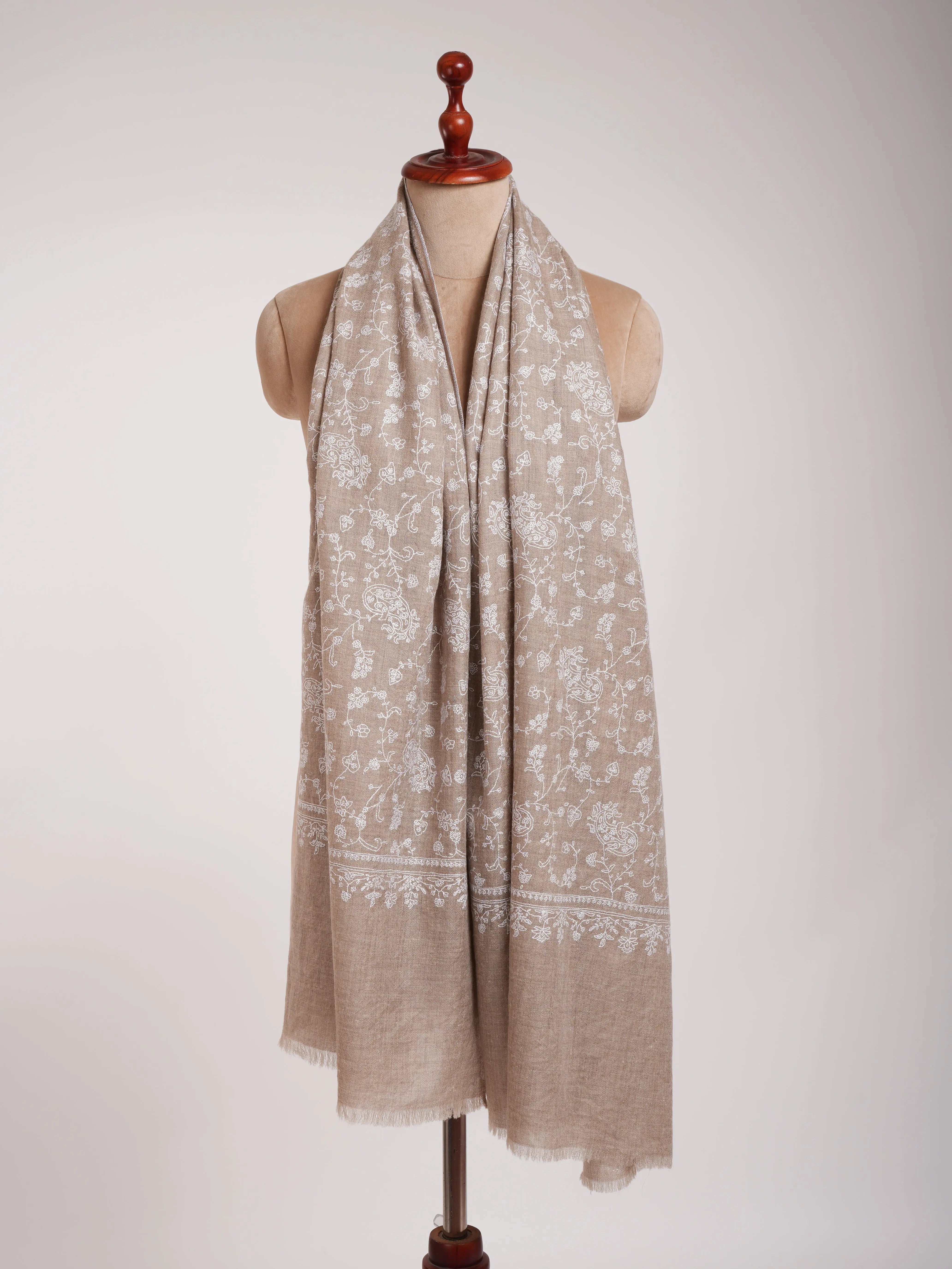 Natural Grey Lightweight in White Embroidery Cashmere Scarf Shahkaar