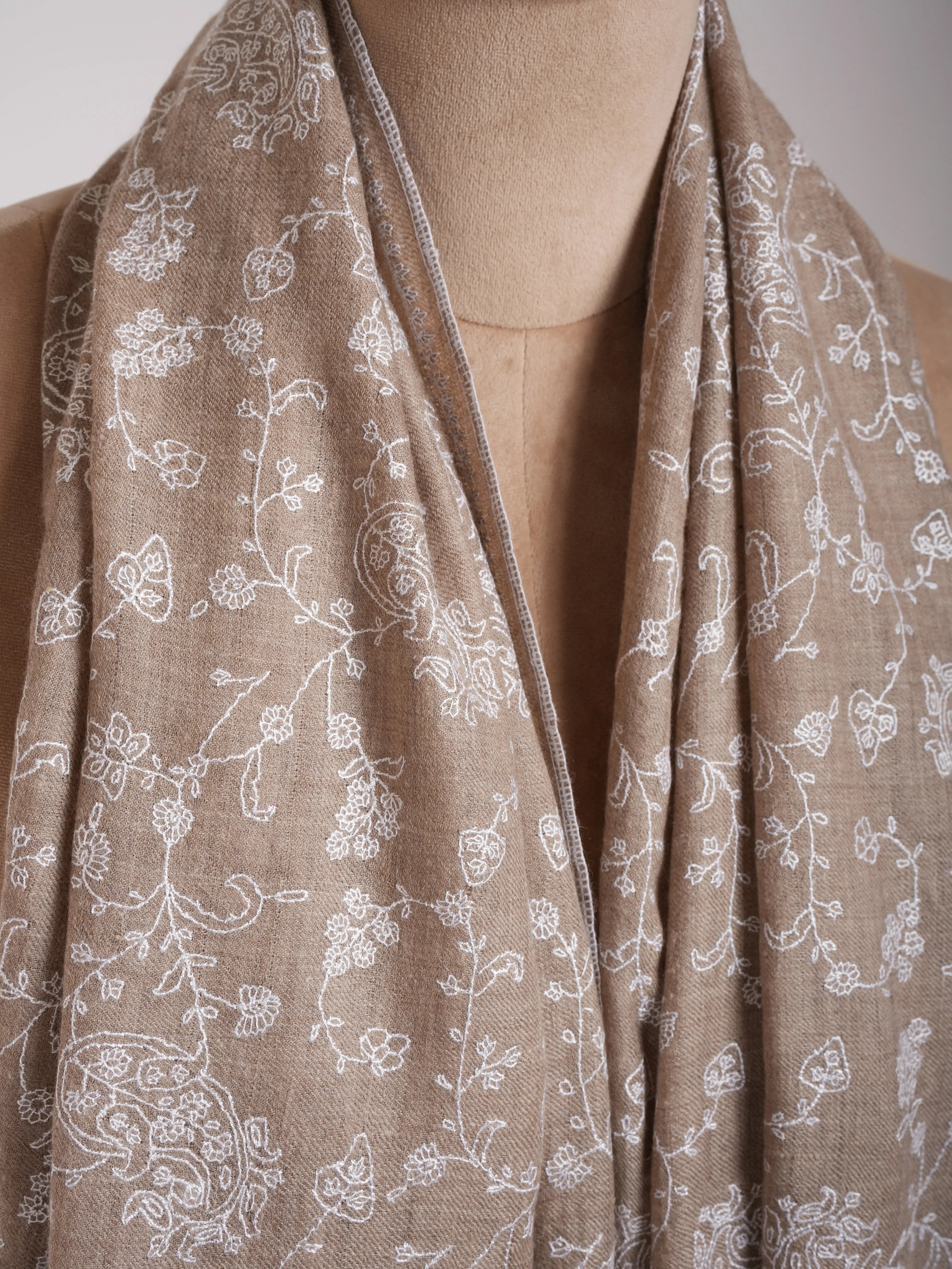 Natural Grey Lightweight in White Embroidery Cashmere Scarf Shahkaar