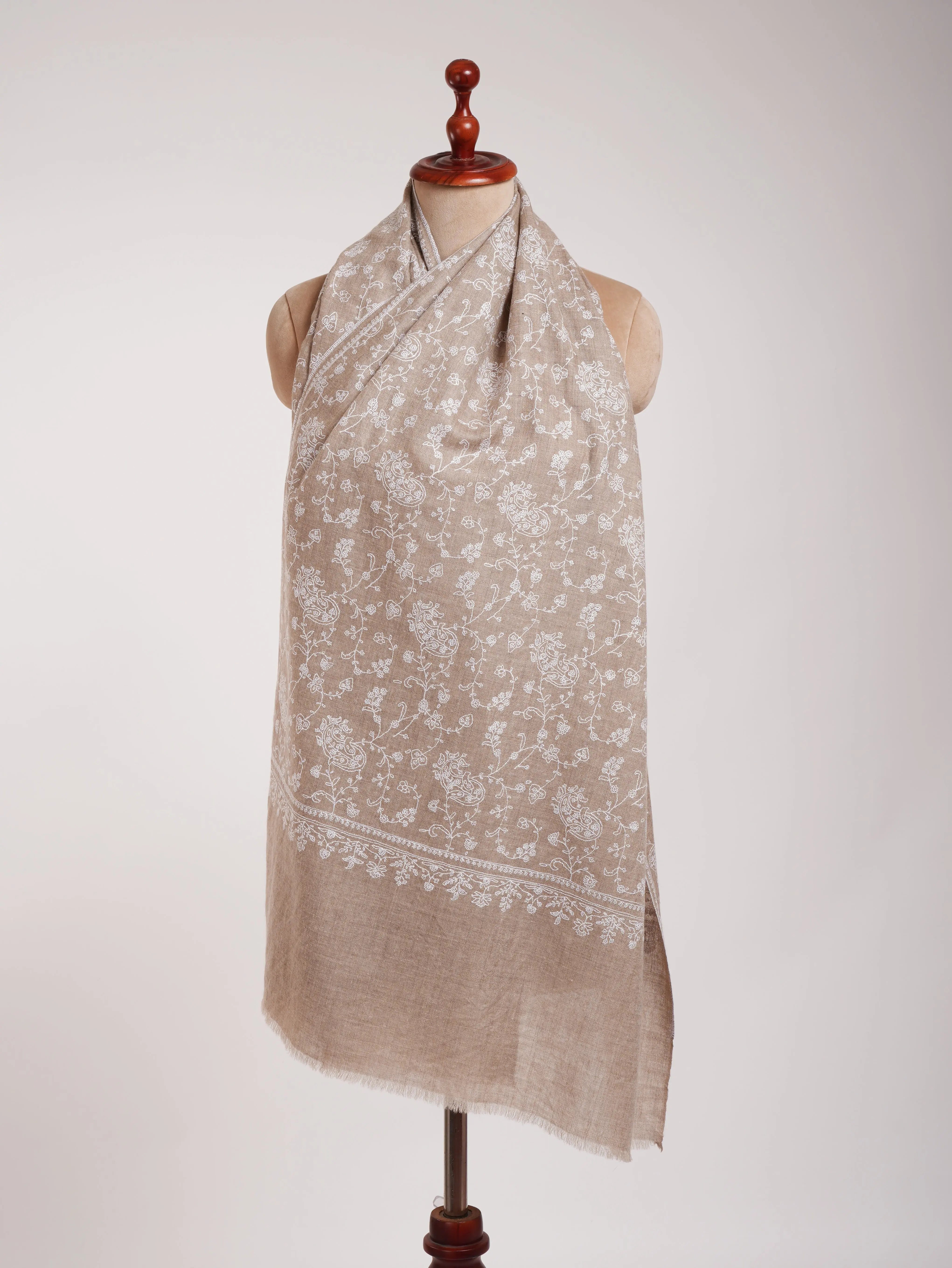 Natural Grey Lightweight in White Embroidery Cashmere Scarf Shahkaar