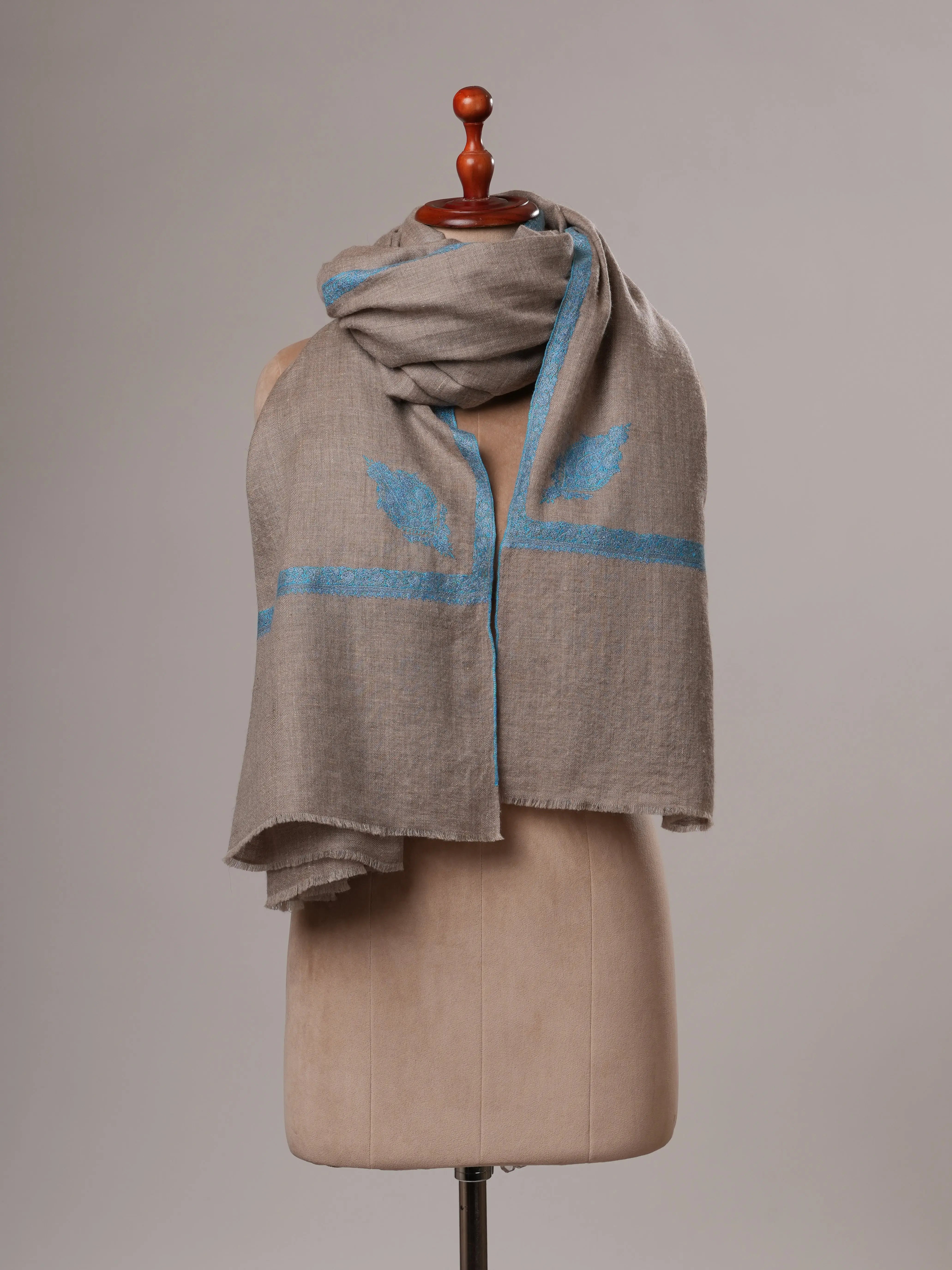 Natural Grey Oversized Pashmina Shawl with Blue Hashia Hand Embroidery Shahkaar