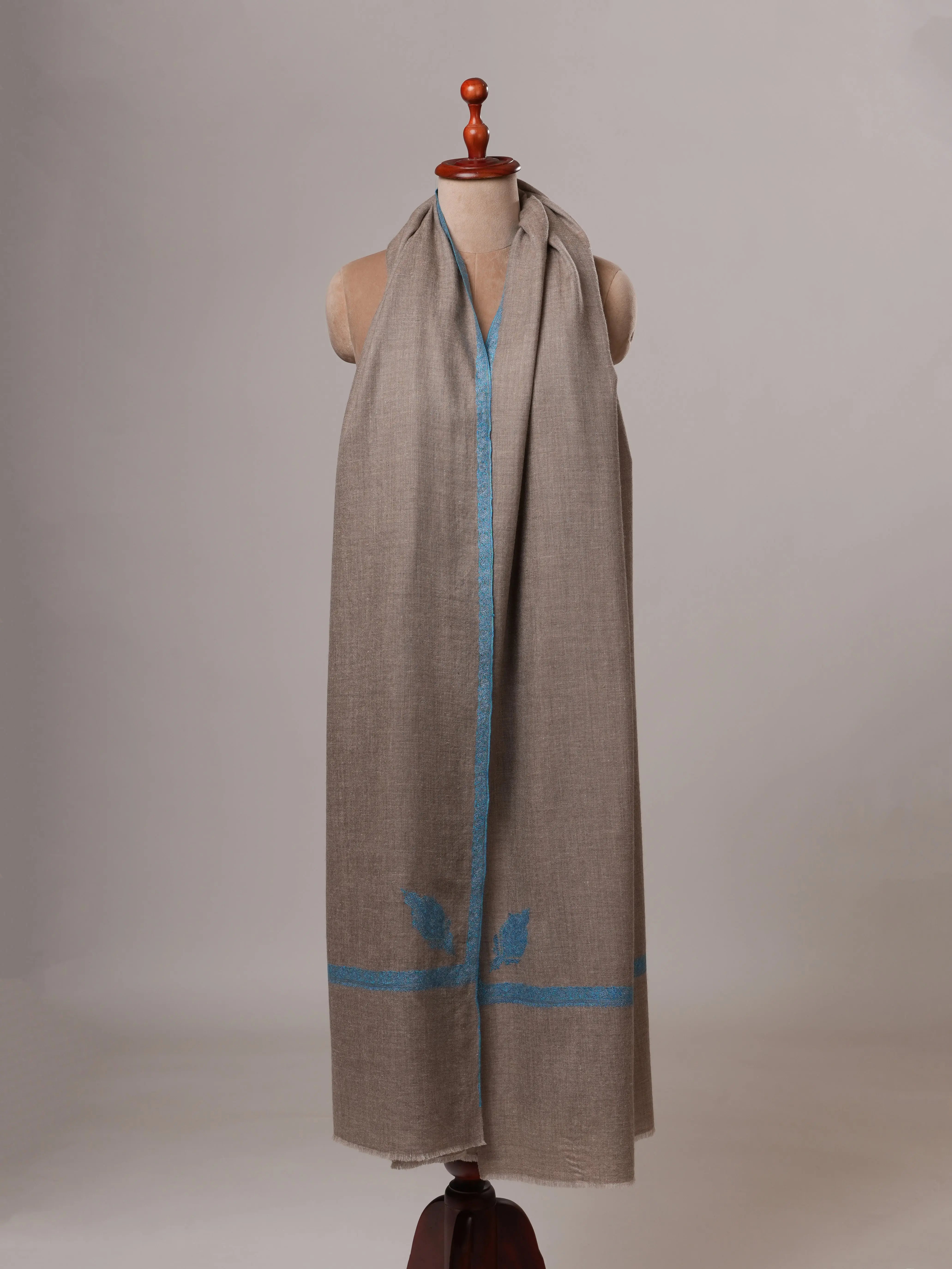 Natural Grey Oversized Pashmina Shawl with Blue Hashia Hand Embroidery Shahkaar