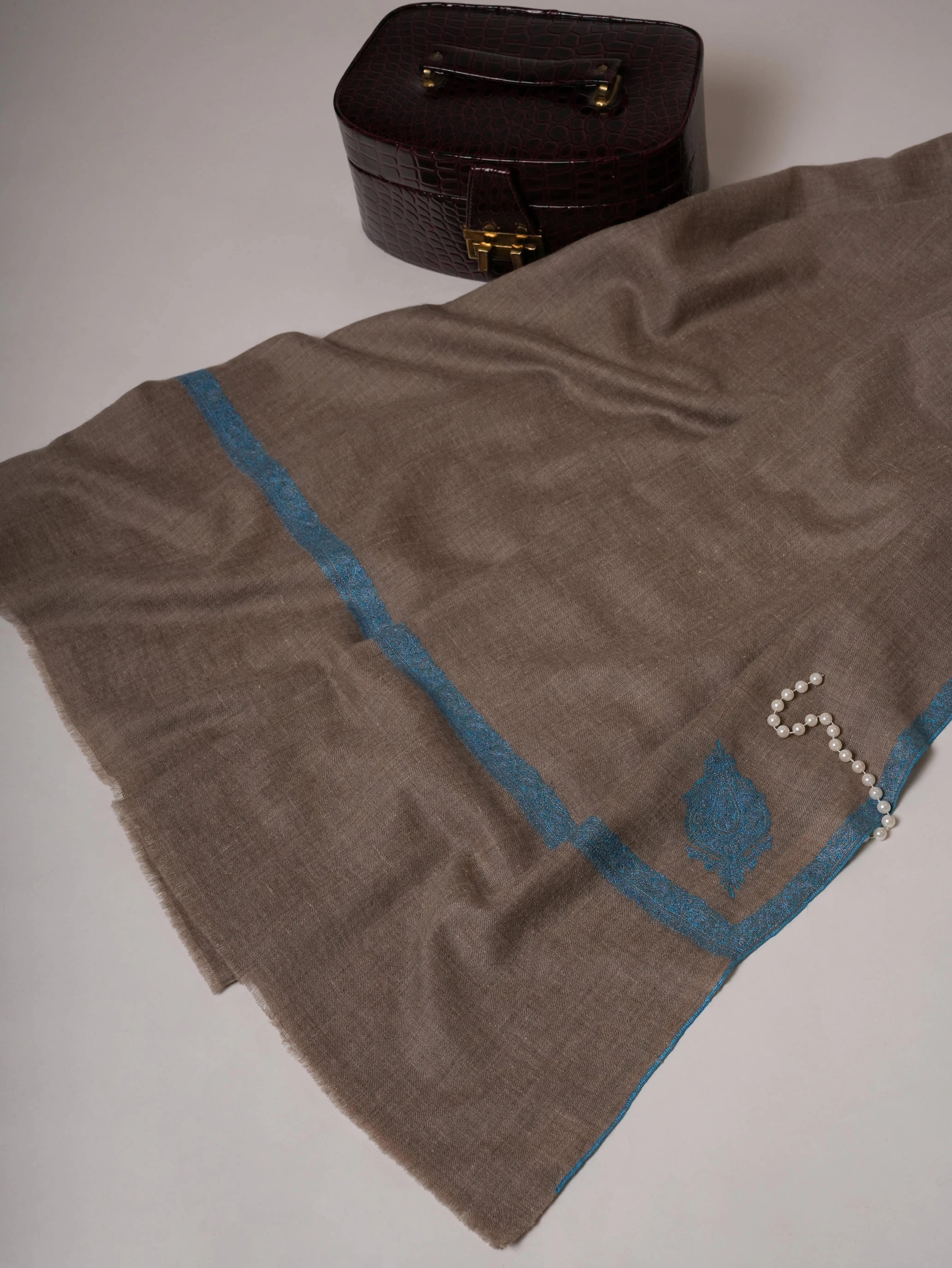 Natural Grey Oversized Pashmina Shawl with Blue Hashia Hand Embroidery Shahkaar