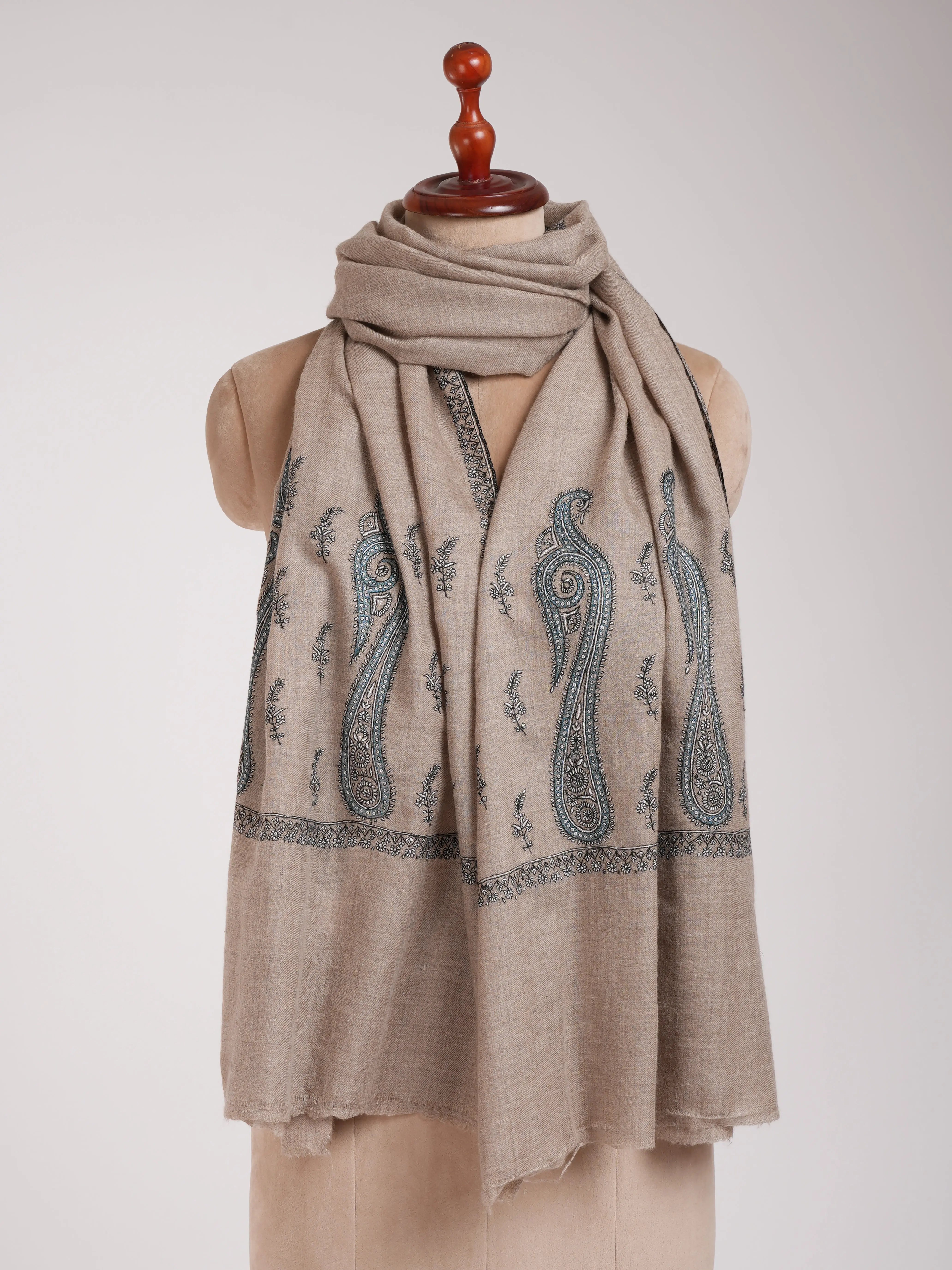 Natural Grey Palla Embroidered Featherlight Cashmere Scarf Shahkaar