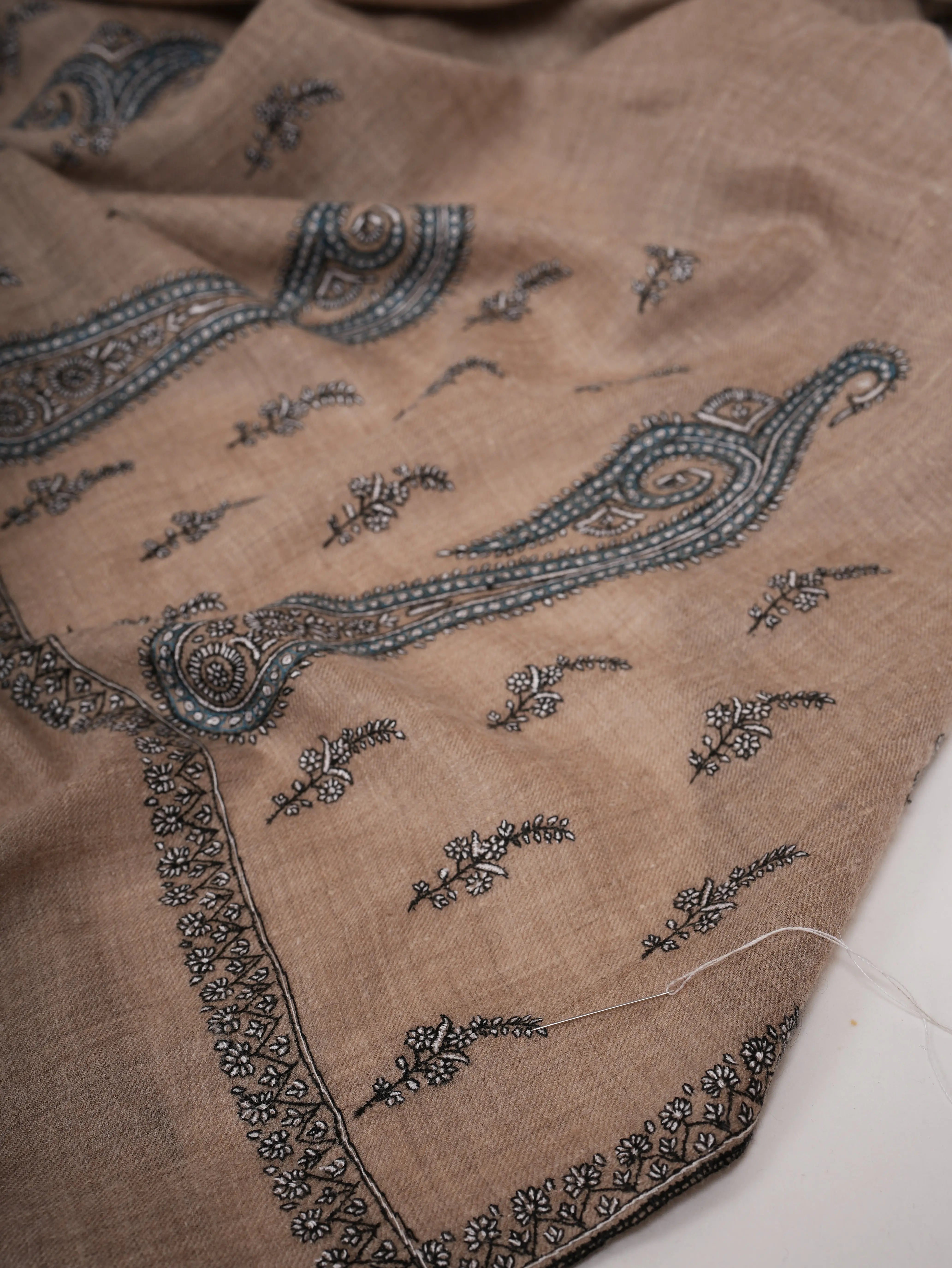 Natural Grey Palla Embroidered Featherlight Cashmere Scarf Shahkaar