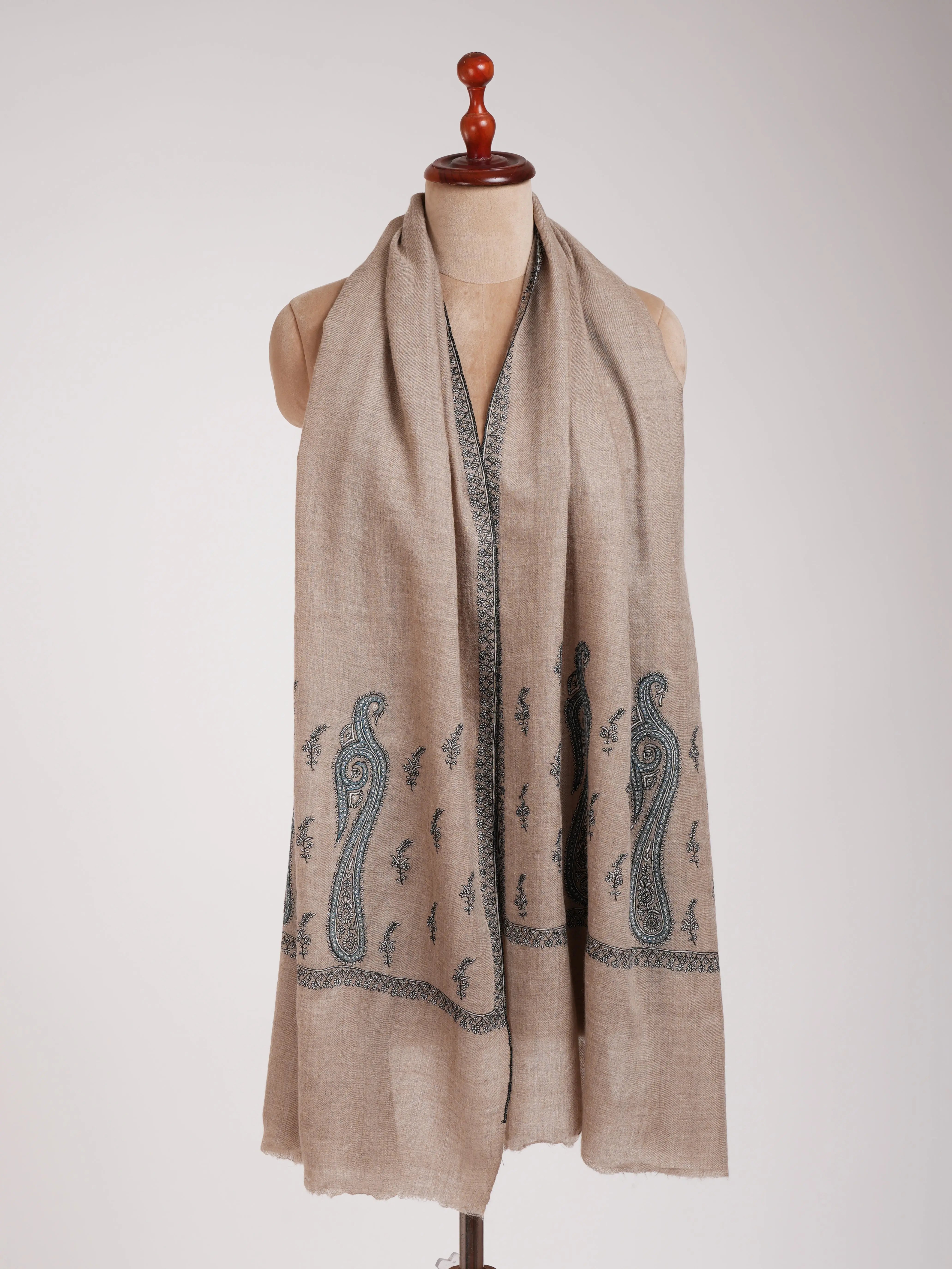 Natural Grey Palla Embroidered Featherlight Cashmere Scarf Shahkaar