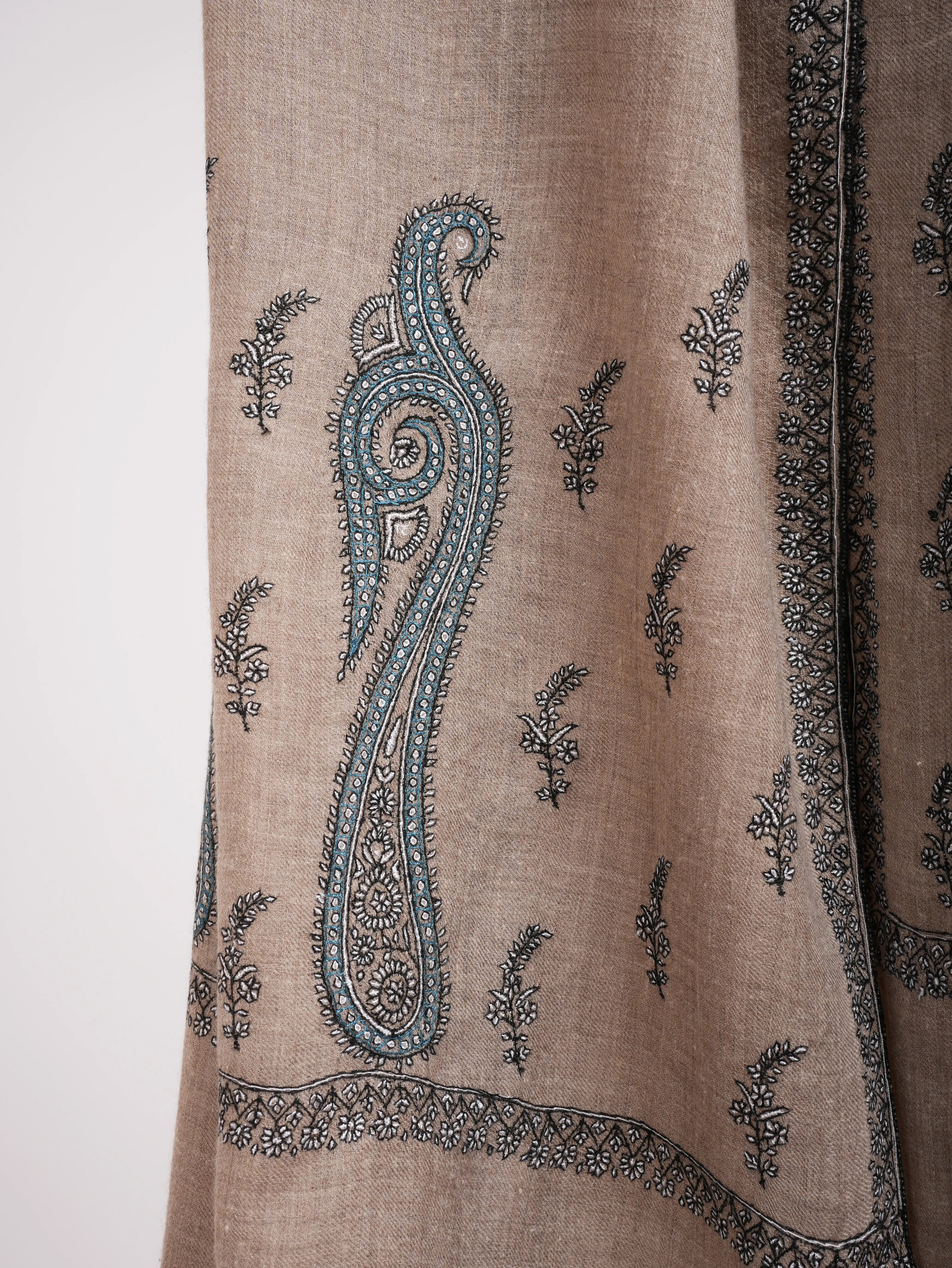 Natural Grey Palla Embroidered Featherlight Cashmere Scarf Shahkaar