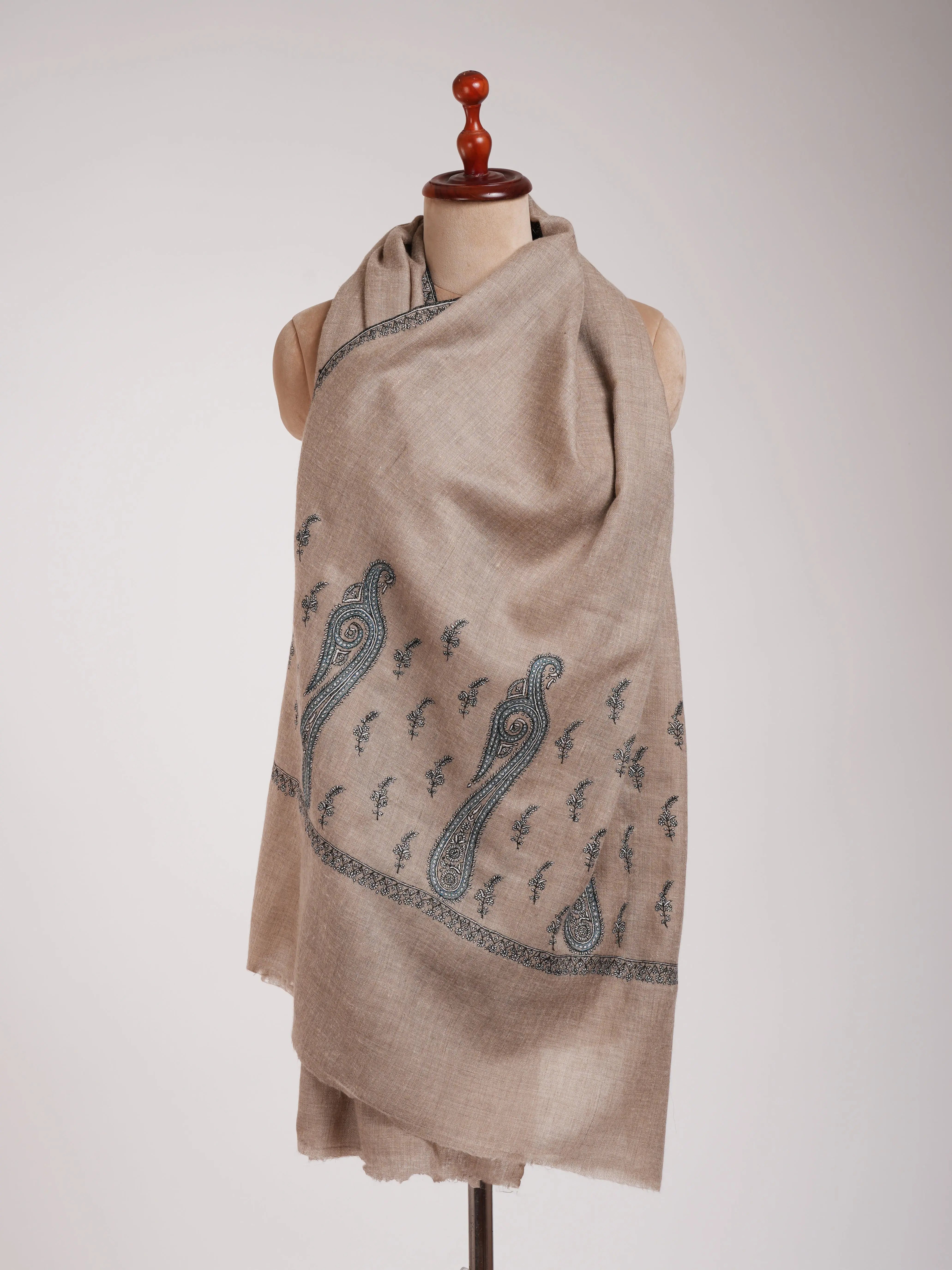 Natural Grey Palla Embroidered Featherlight Cashmere Scarf Shahkaar