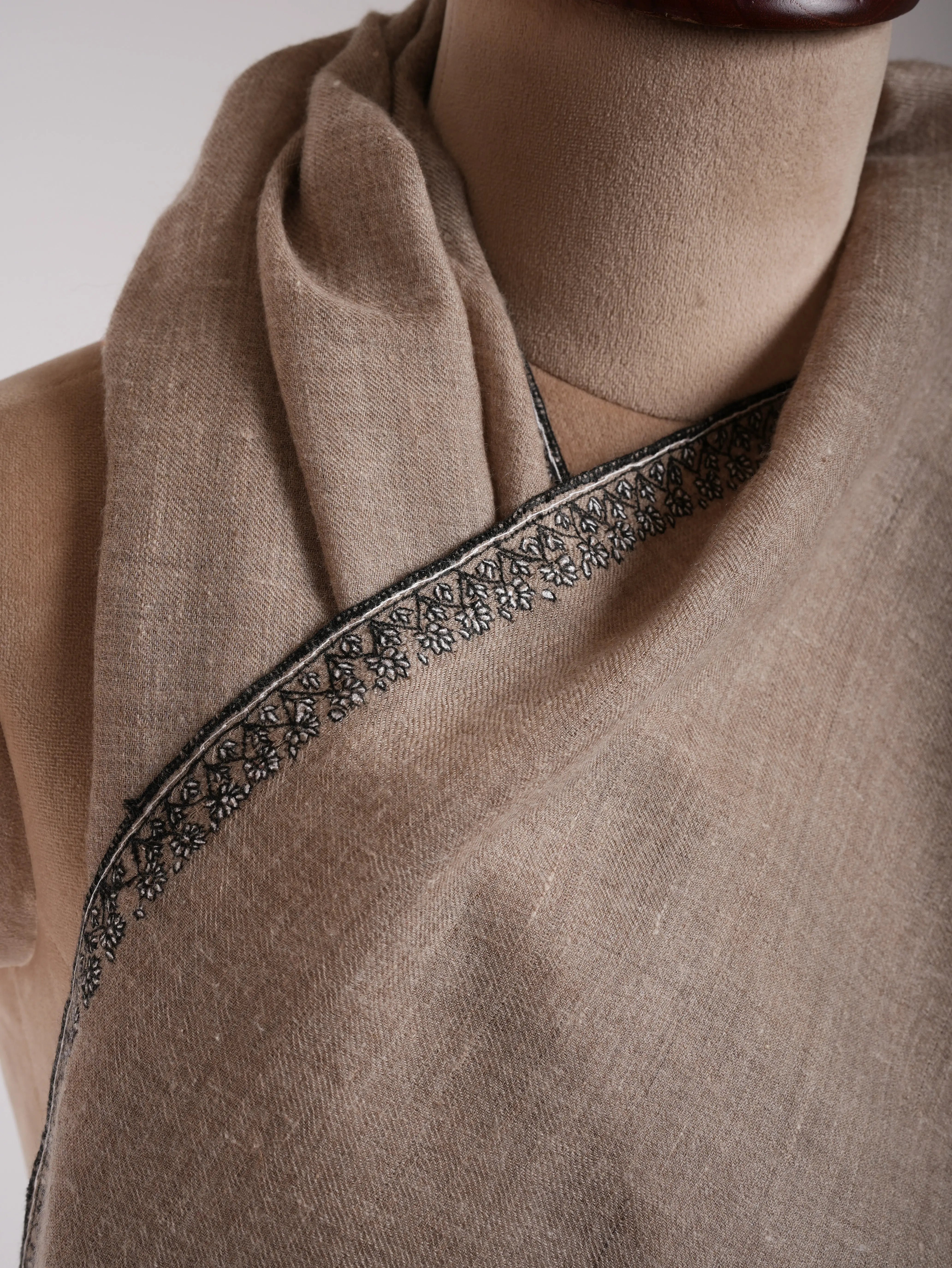 Natural Grey Palla Embroidered Featherlight Cashmere Scarf Shahkaar